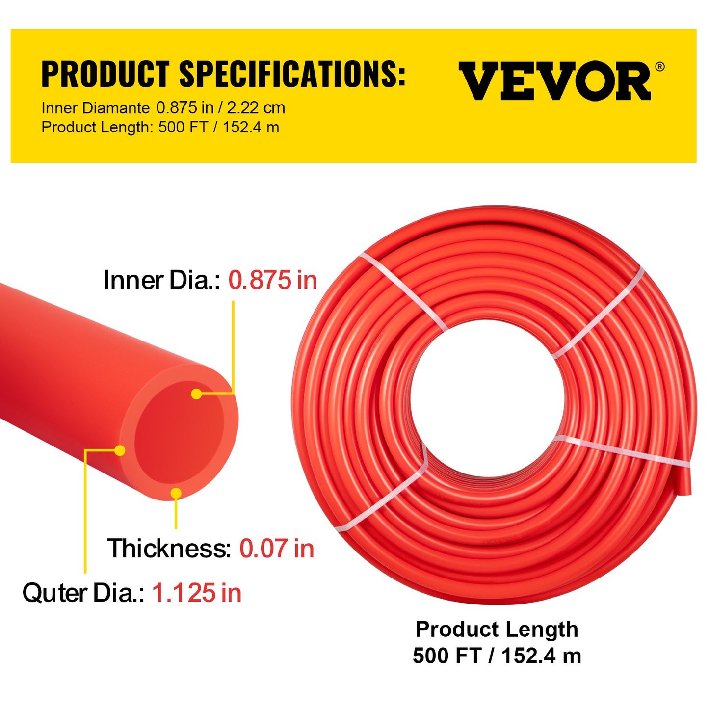 PEX Pipe, 7/8 inch x 500 FT PEX Tubing, Non Oxygen Barrier Red PEX-B Pipe, Flexible PEX Water Line for RV Sewer Hose, Plumbing, Radiant Heating