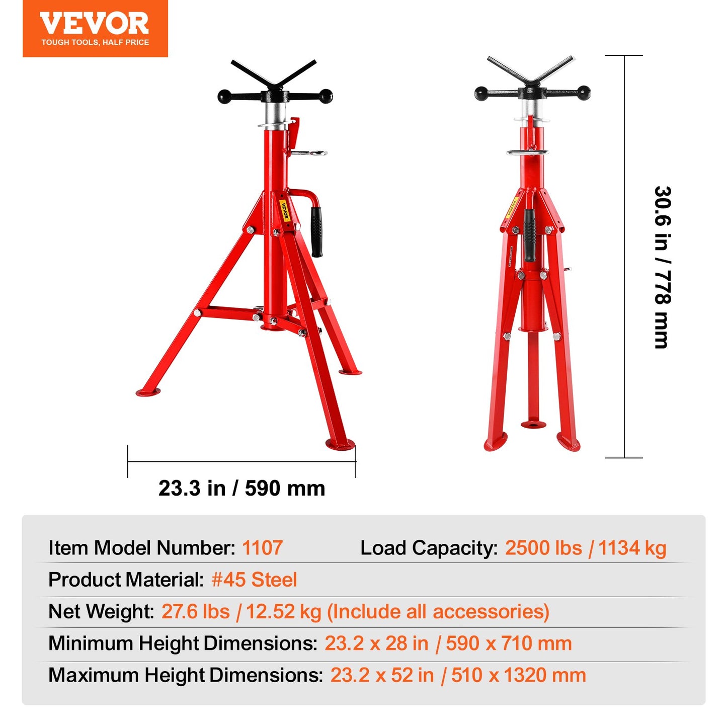 V Head Pipe Stand Adjustable Height 28-52 Inch, Pipe Jack Stands 2500 LB. Capacity,Folding Portable Pipe Stands 1/2 to 12 Inch Pipe Supporting,Steel Jack Stands