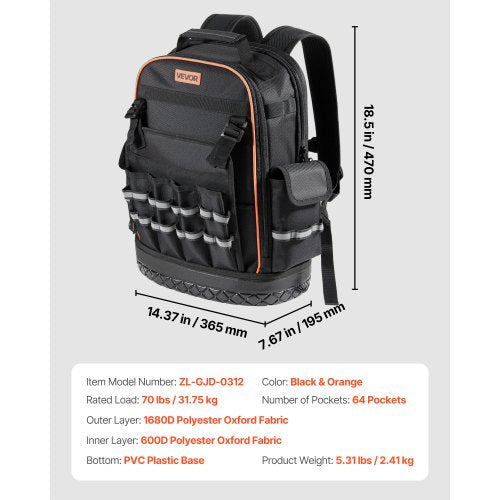 Werkzeugrucksack 64 Taschen Reißfester Arbeitsplatzrucksack für Elektriker