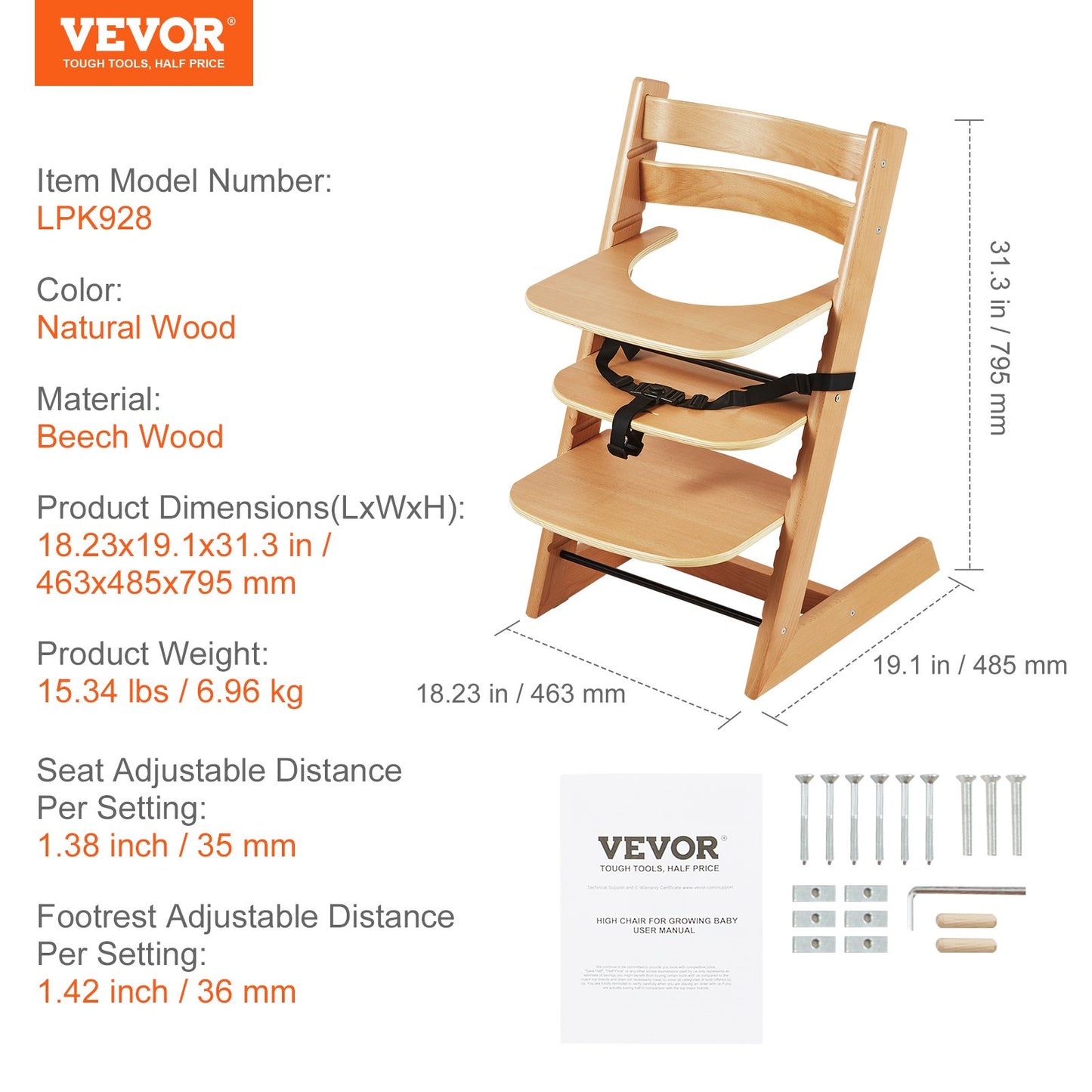 Wooden High Chair for Babies & Toddlers, Convertible Adjustable Feeding Chair, Eat & Grow High Chair with Tray, Grow with Kid Portable Baby Dining Booster Seat, Beech Wood Toddler Chair, Natural