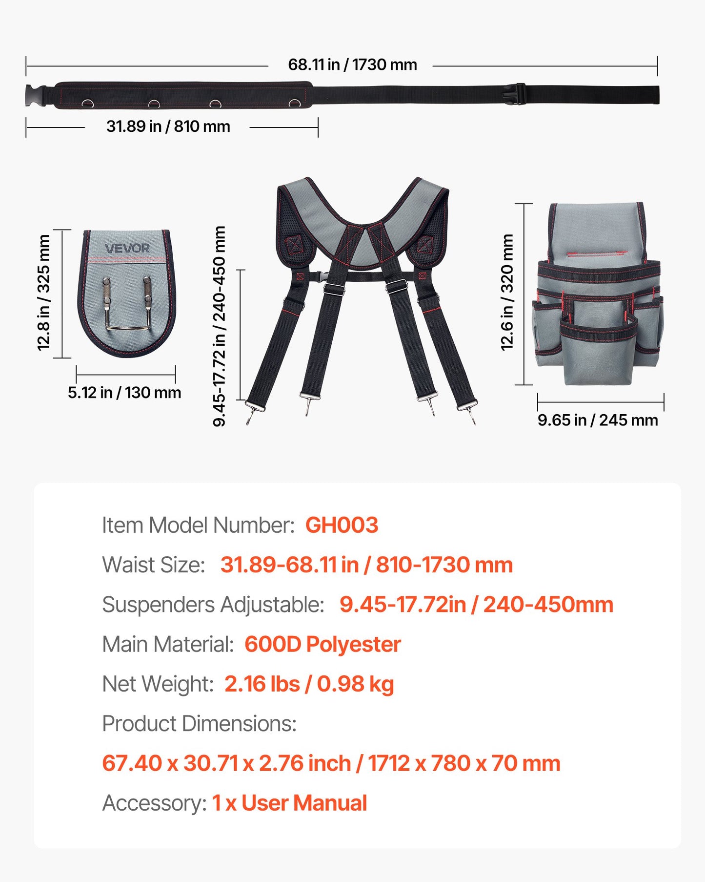 Tool Belt, 22 Pockets Tool Pouch with Suspenders for Men, Heavy Duty Adjustable Utility Belt Bag Suspenders for Electrician, Carpenter, Construction, Work Apron Organizer Waist Adjust 32 to 68in