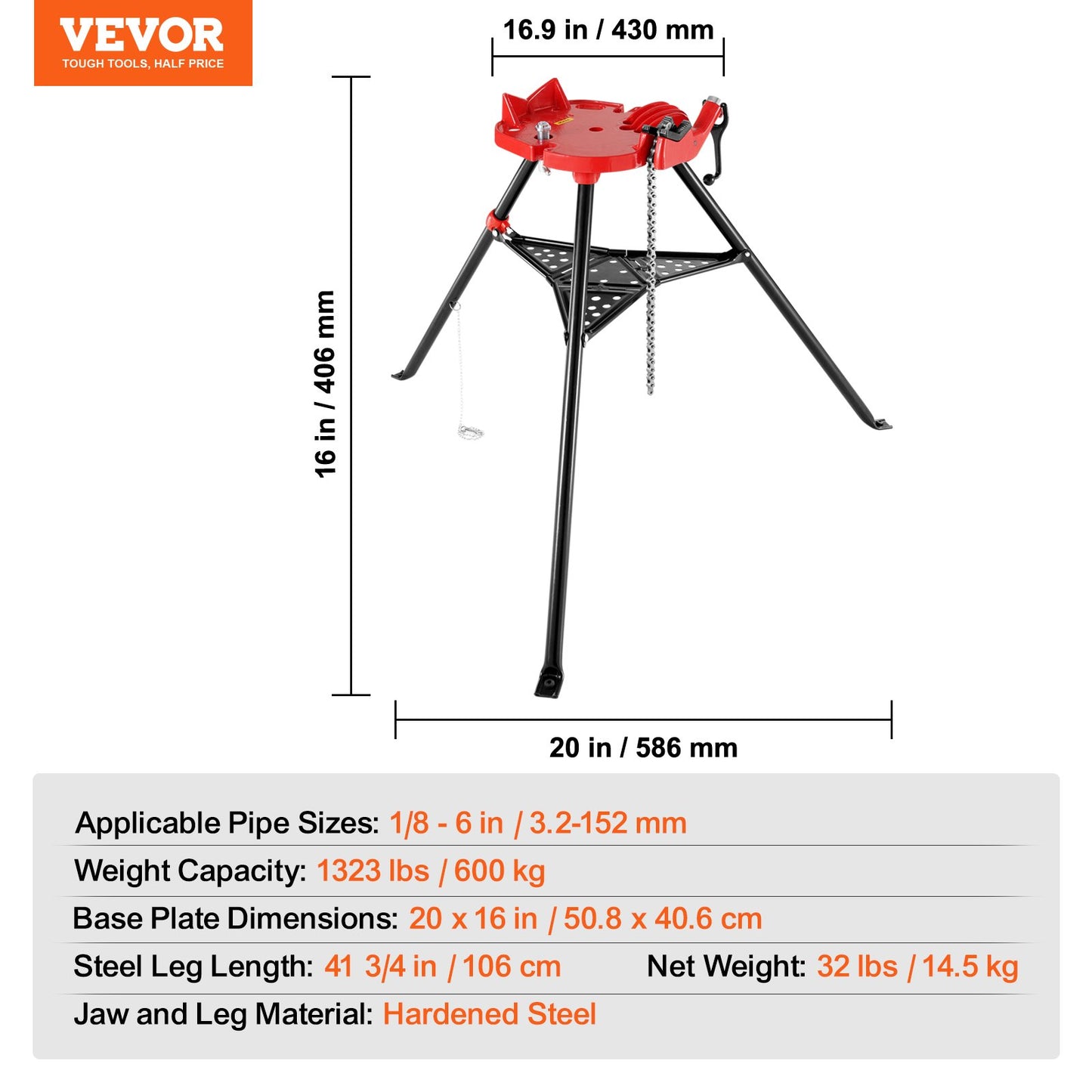 460-6 Tripod Pipe Chain Vise 1/8\"-6\" Capacity,Pipe Stand Portable Foldable Steel Legs,Pipe Jack Stands with Tool Tray, Tripod Stand Chain Vise Ideal for a Variety of Pipe Materials