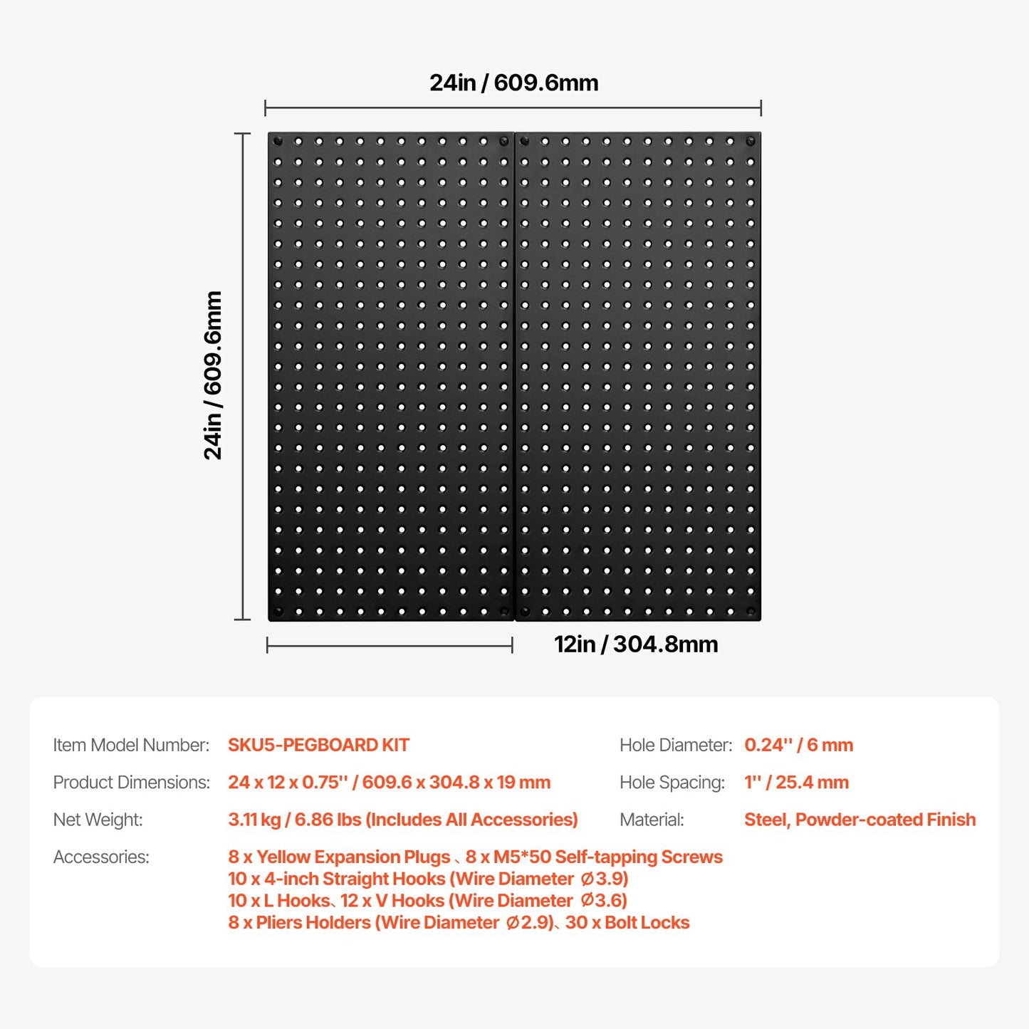 Metal Pegboard Panels, 24" x 12" Pegboard, 2 Panels, Heavy Duty Peg Board Wall Organizer with Accessories, for Living Room Garage Tool Storage Office Organization Craft Room Kitchen Home, Black