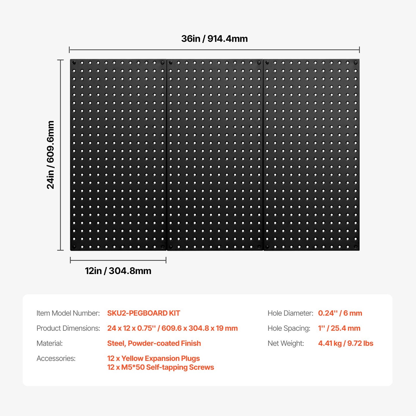 Metal Pegboard Panels, 24" x 12" Pegboard, 3 Panels, Heavy Duty Steel Peg Board Wall Organizer, for Living Room Garage Tool Storage Workbench Office Organization Craft Room Kitchen Home, Black