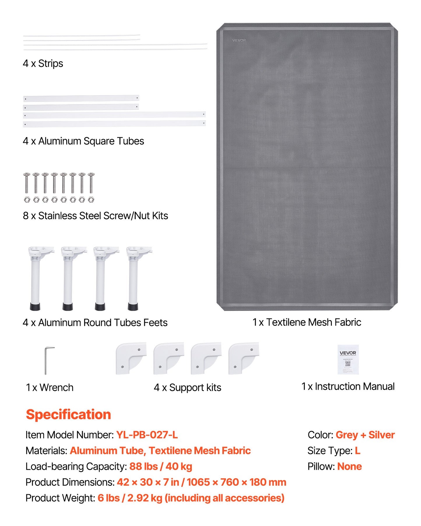 Elevated Dog Bed for Large Dogs, Portable Raised Dog Cot with Aluminum Tube Metal Frame and Breathable Textilene Mesh, Indoor & Outdoor Pet Cooling Raised Hammock Bed, L, Gray