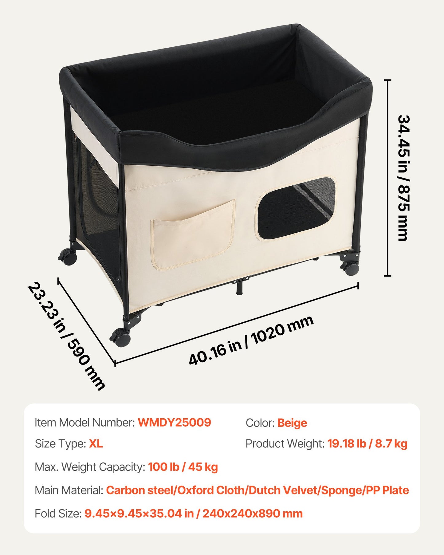 Elevated Lounge Pet Bed, Foldable Bunk Dog Bed with 600D Oxford Cloth and Dutch Velvet, Portable Raised Cot with Wheels, Side Storage Bags, and Carry Bag for Cats & Dogs, XL, Beige