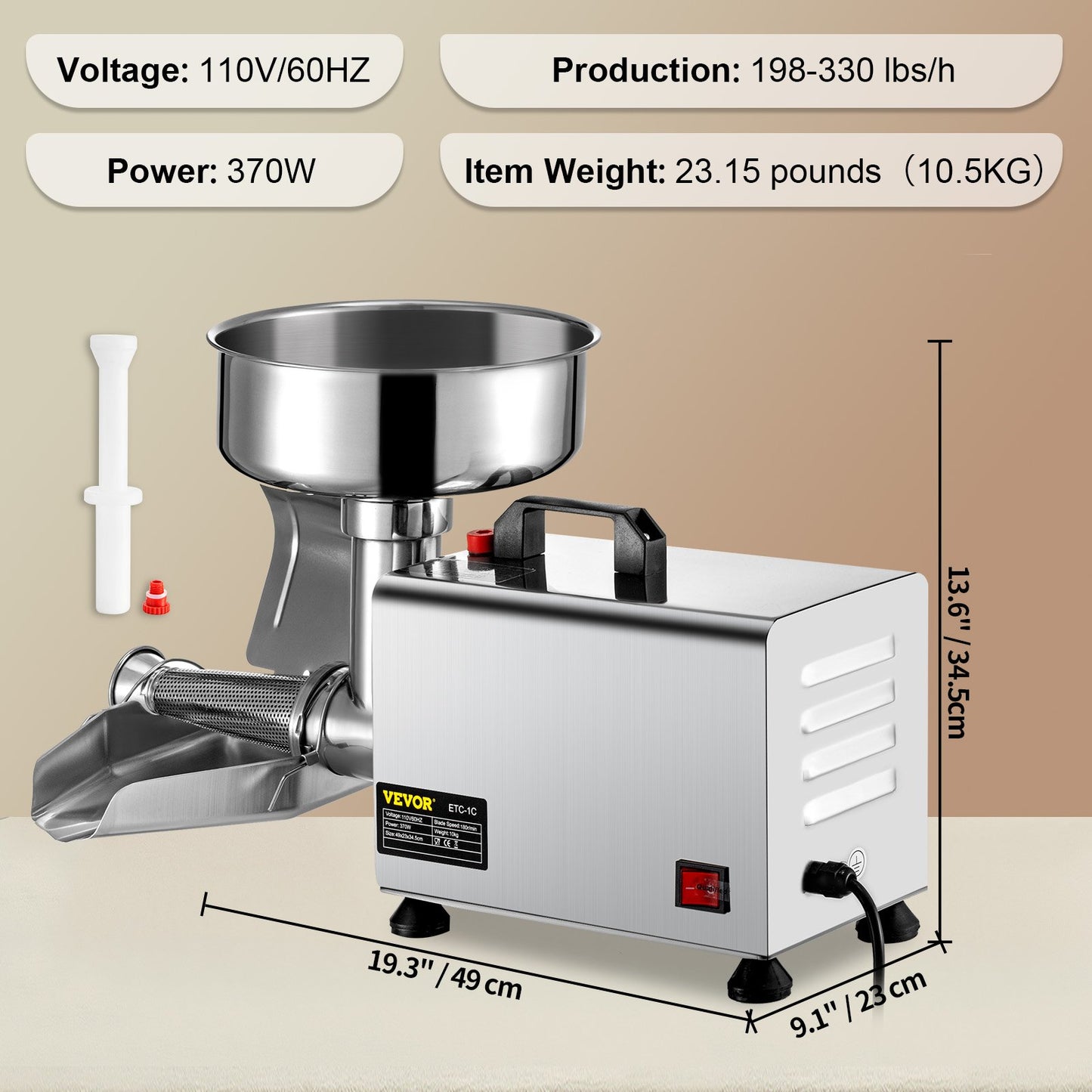 110V Electric Tomato Strainer 370W Commercial Grade Tomato Milling Machine Stainless Steel Tomato Press and Strainer 90-160 Kg/H Pure Copper Motor Food Strainer and Sauce Maker