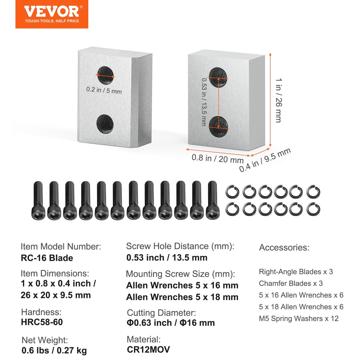 Electric Rebar Cutter Blade, 6 PCS 16mm(5/8 Inch) Cutting Diameter, HRC58-60 Hard Hydraulic Rebar Blade Replacement Jaw Blades with 12 Hexagon Screw and 12 Spring Washer, for Model RC-16