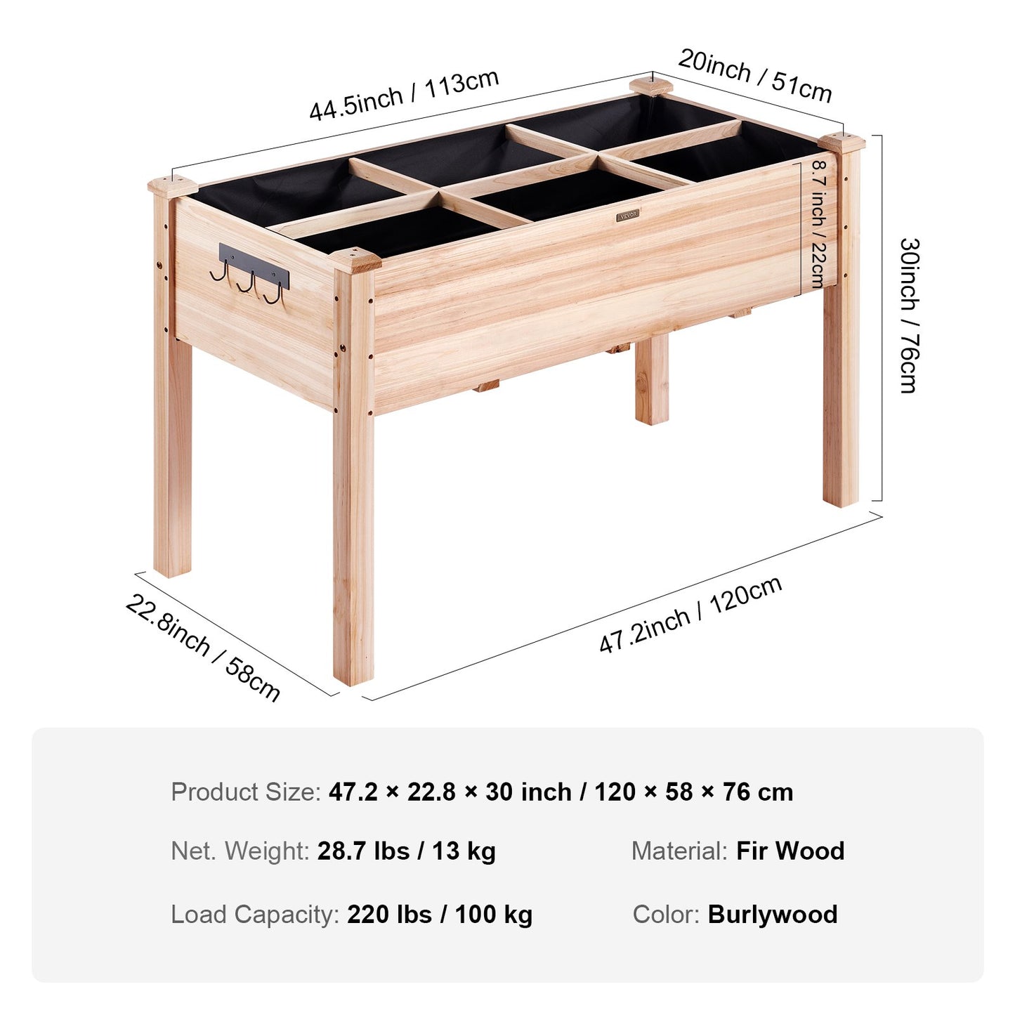 Raised Garden Bed, 3.9 x 1.9 x 2.5 ft Wooden Planter Box, Elevated Outdoor Planting Boxes with Legs, for Growing Flowers/Vegetables/Herbs in Backyard/Garden/Patio/Balcony, Burlywood