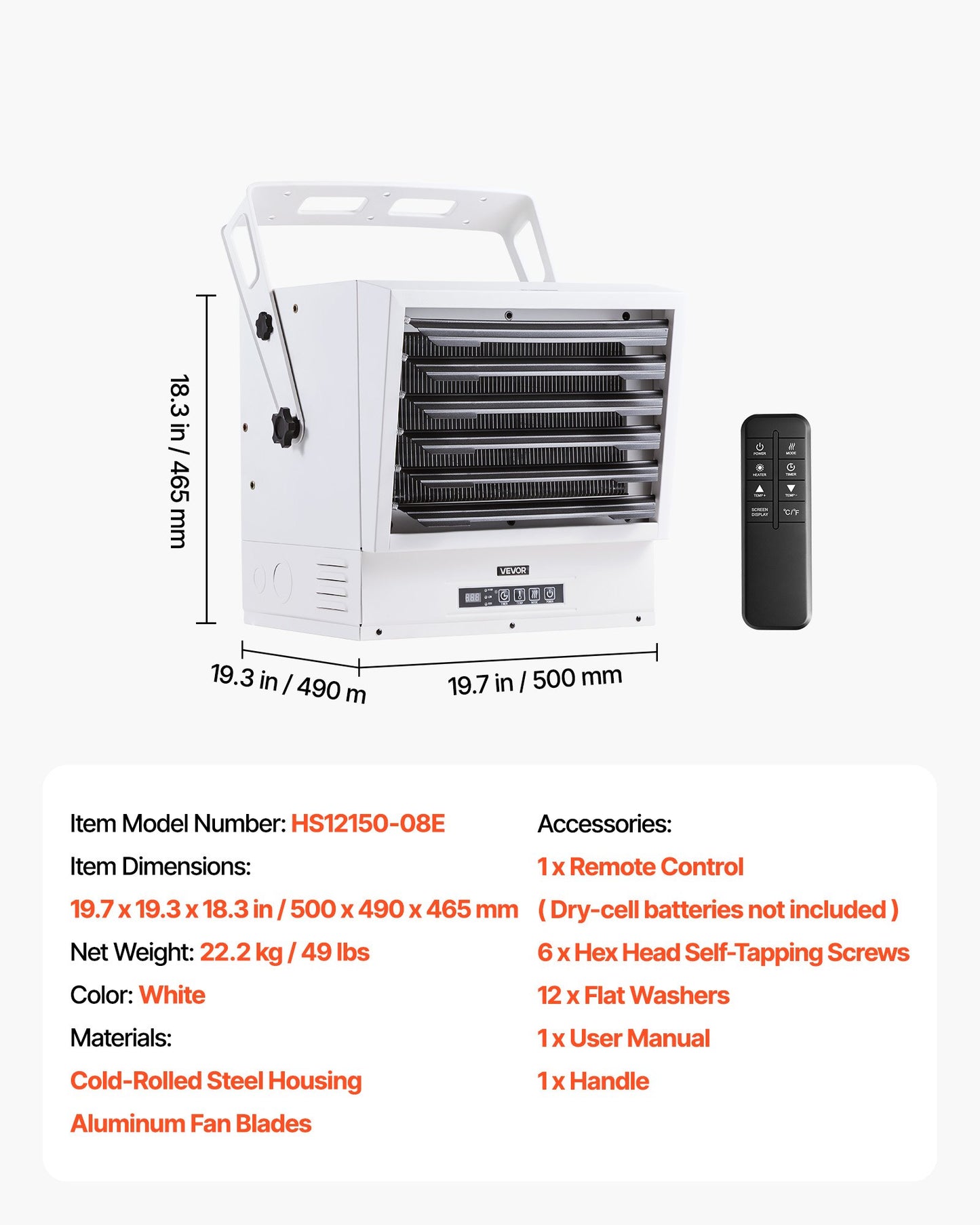 Electric Garage Heater, 15000-Watt with Remote Control & 10 Hour Timer & Overheat Protection Wall/Ceiling Mounted Shop Heater, Commercial Fan-forced for Indoor Workshop Warehouse,240V White