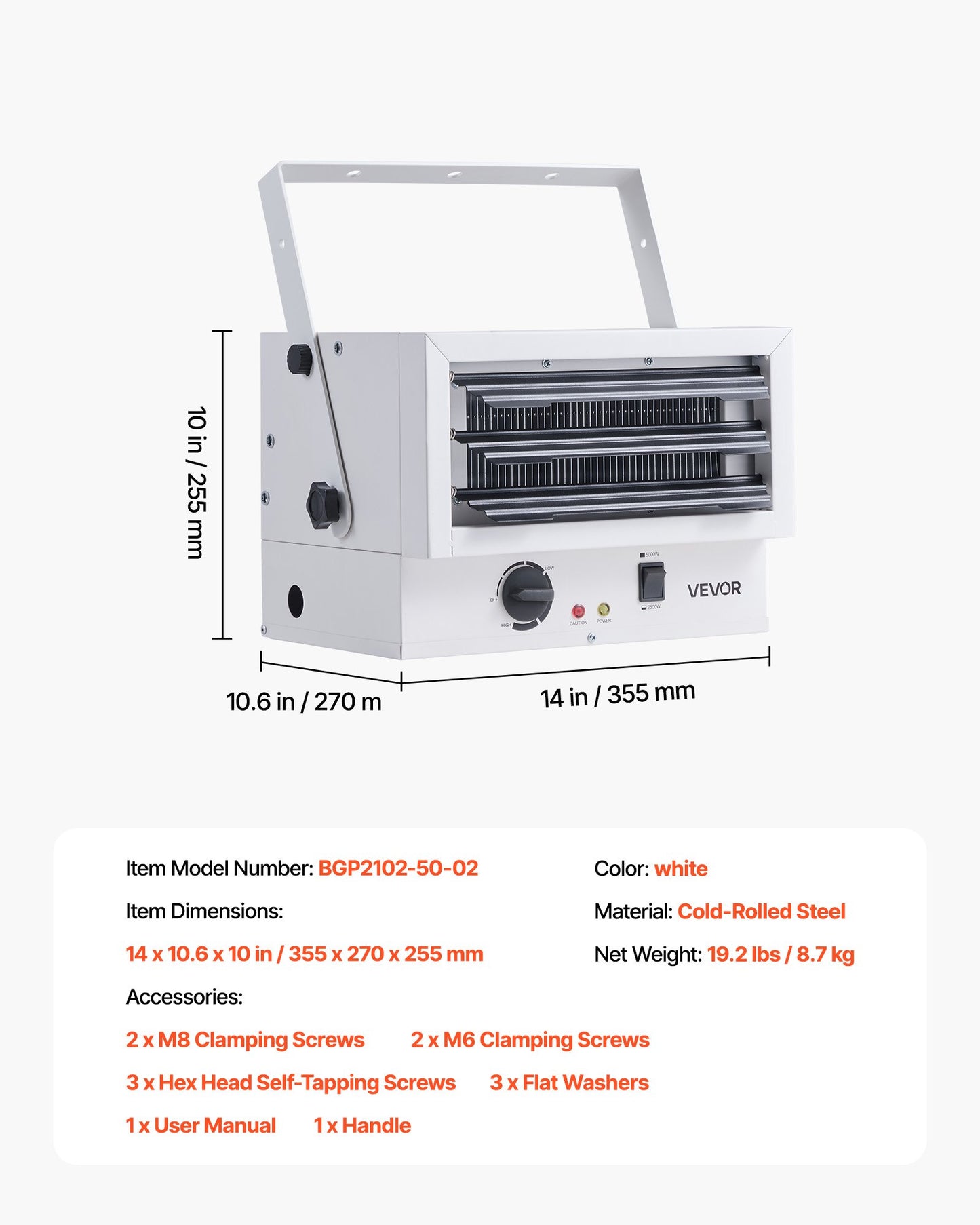 Electric Garage Heater, 5000-Watt (2500/5000W) Ceiling Mounted Shop Heater, 2 Settings & Overheat Protection & Low Noise Cross-flow, Commercial for Indoor Workshop Warehouse,240V White