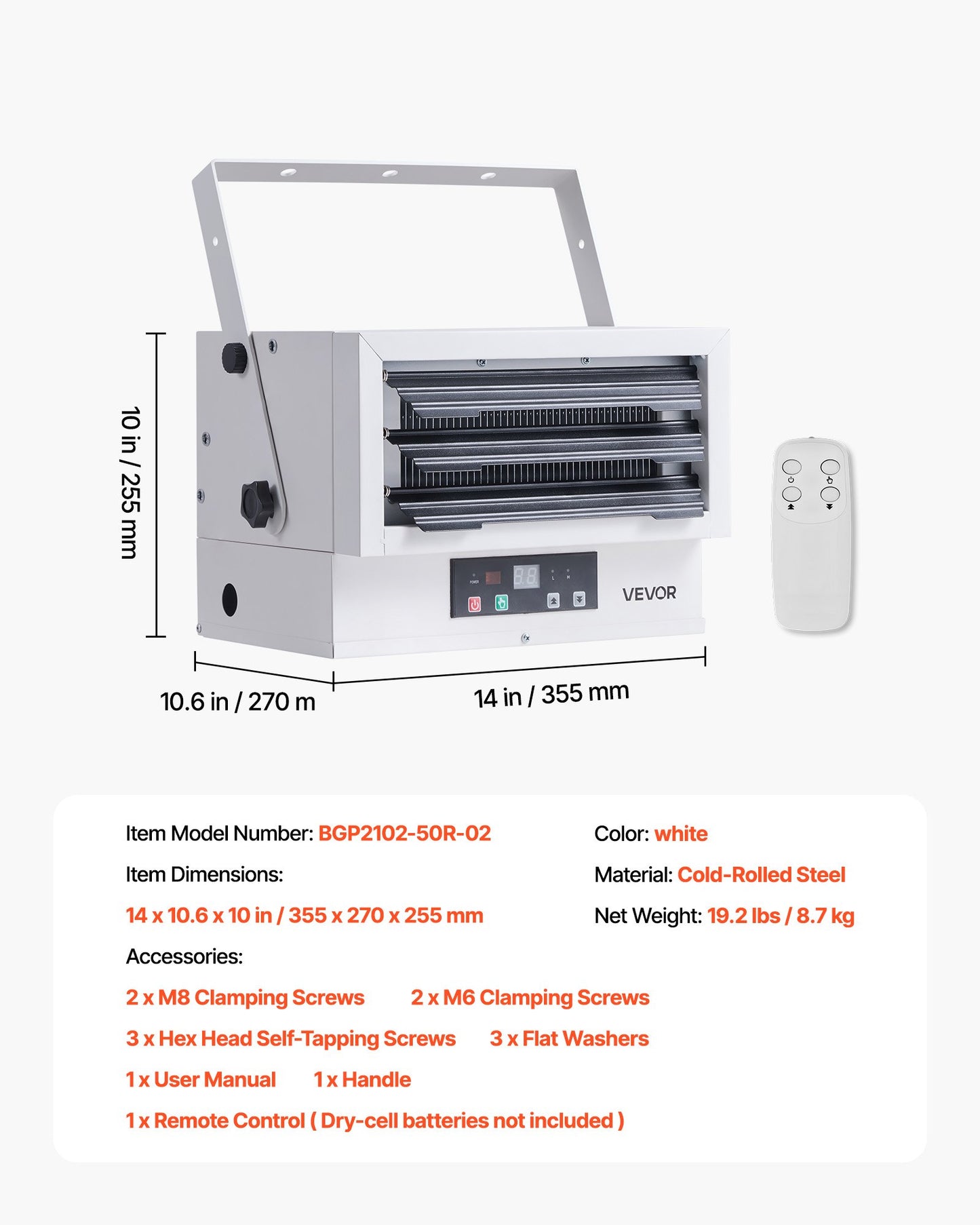 Electric Garage Heater, 5000-Watt (2500/5000W) Ceiling Mounted Shop Heater, With Remote Control & Overheat Protection & Low Noise Cross-flow, Commercial for Indoor Workshop Warehouse,240V White