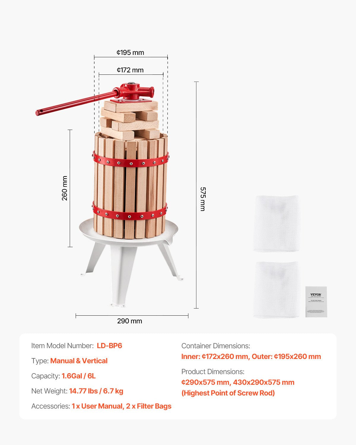 1.6 Gal/6L Fruit Wine Press, Solid Wood Basket with 8 Blocks, Heavy Duty Manual Juice Maker, Cider Apple Grape Tincture Honey Olive Oil Making Press with Handle for Kitchen, Home