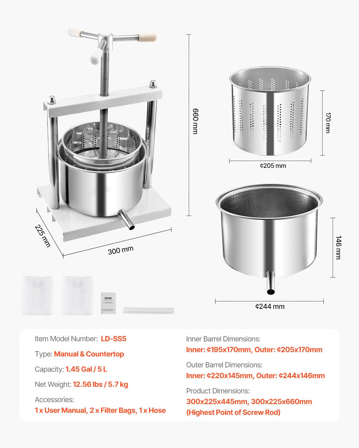 1.45 Gal/5L Fruit Wine Press, 2 Stainless Steel Barrels, Manual Juice Maker, Cider Apple Grape Tincture Honey Olive Oil Making Press with Triangular Handle for Outdoor Kitchen Home