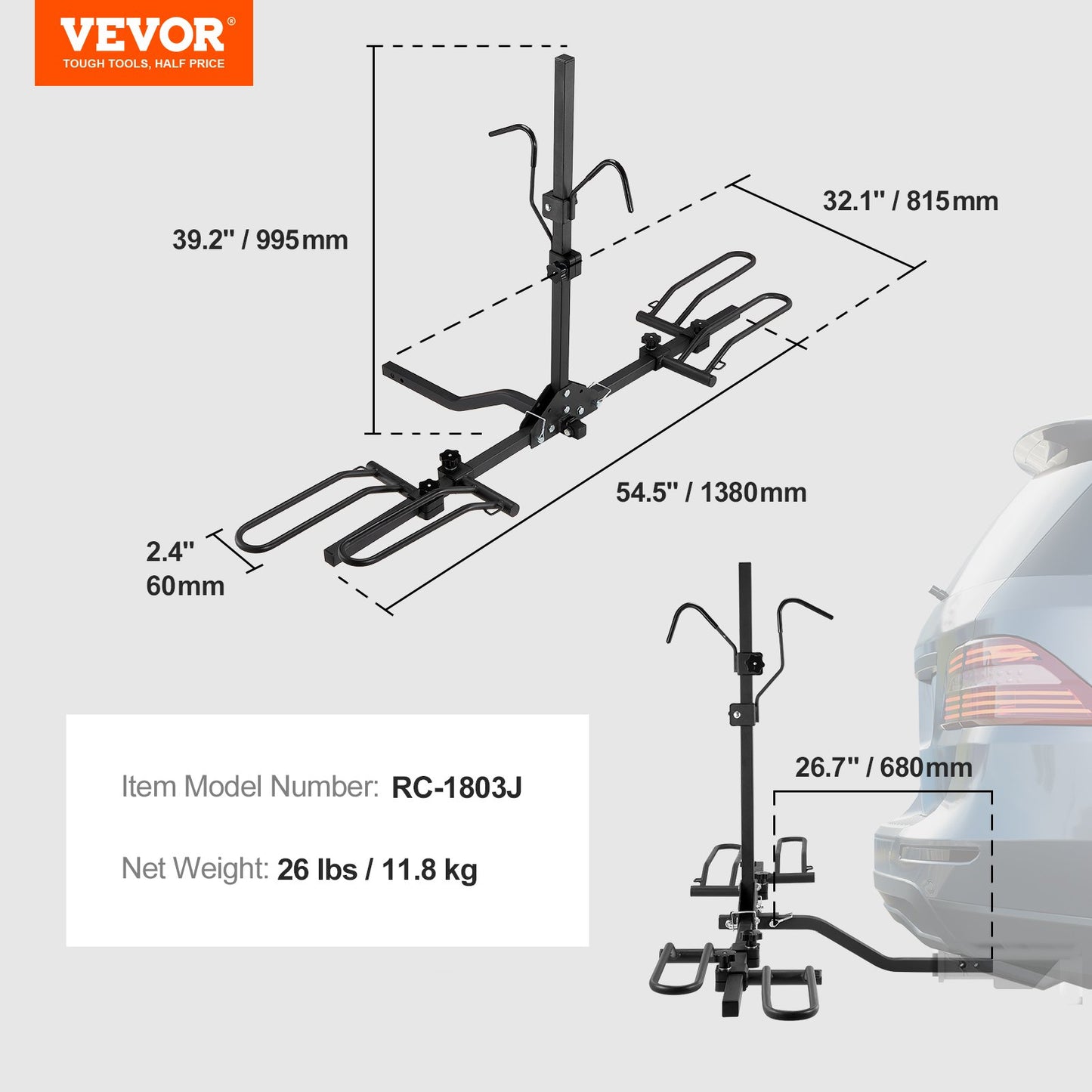 Hitch Mount Bike Rack, 2-Bike Platform Style, 80 LBS Max Capacity Bike Rack Hitch for 1.25-/2-inch Receiver, Titling and Folding Bike Carrier with Tires up to 2.4" Wide, for Car, SUV, Truck, RV