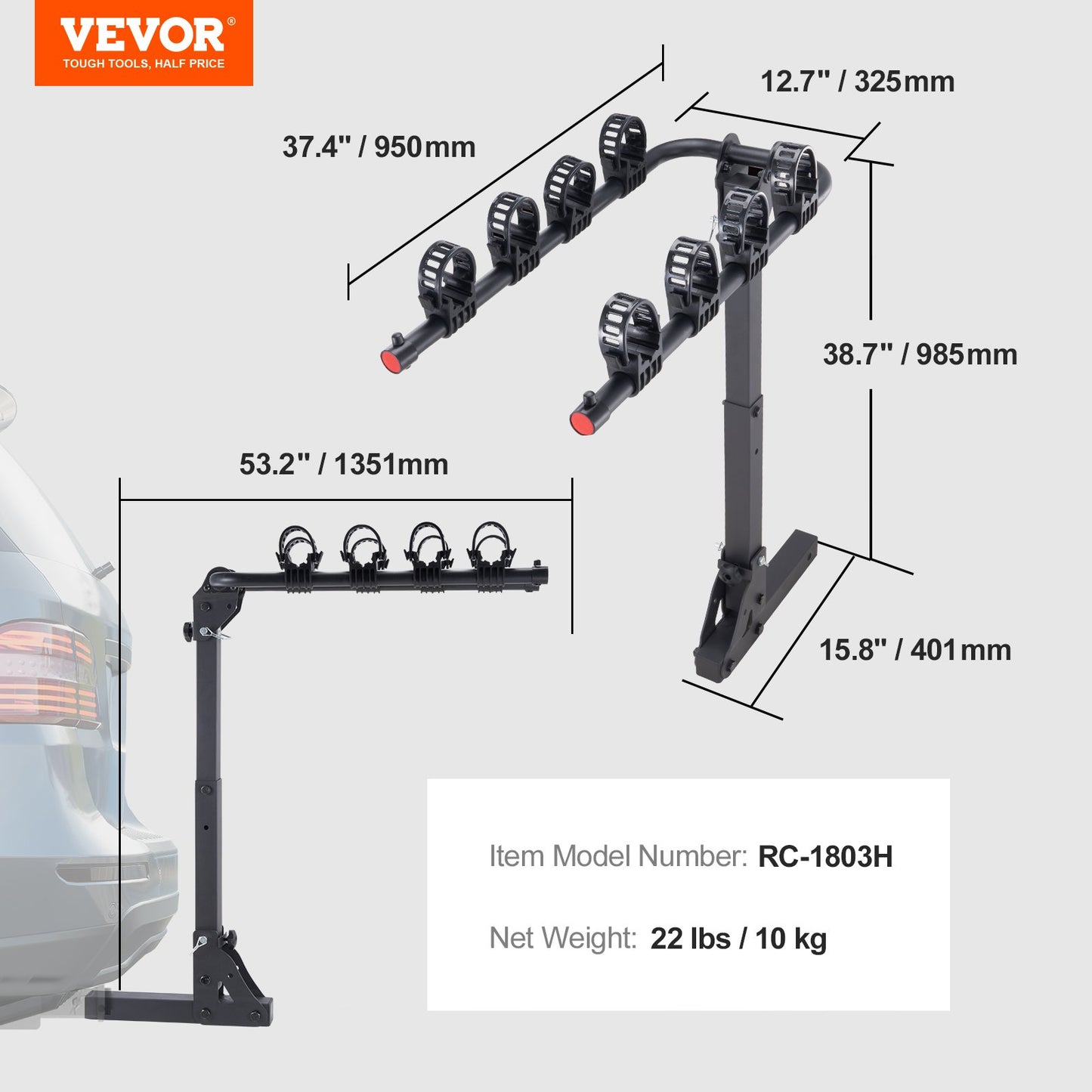Hitch Mount Bike Rack, 4-Bike Carrier Rack, 150 LBS Capacity Bike Rack Hitch for 2-inch Receiver, Titling and Folding Bike Carrier with No-Wobble U Bolt and Strap, for Car, SUV, Truck, RV