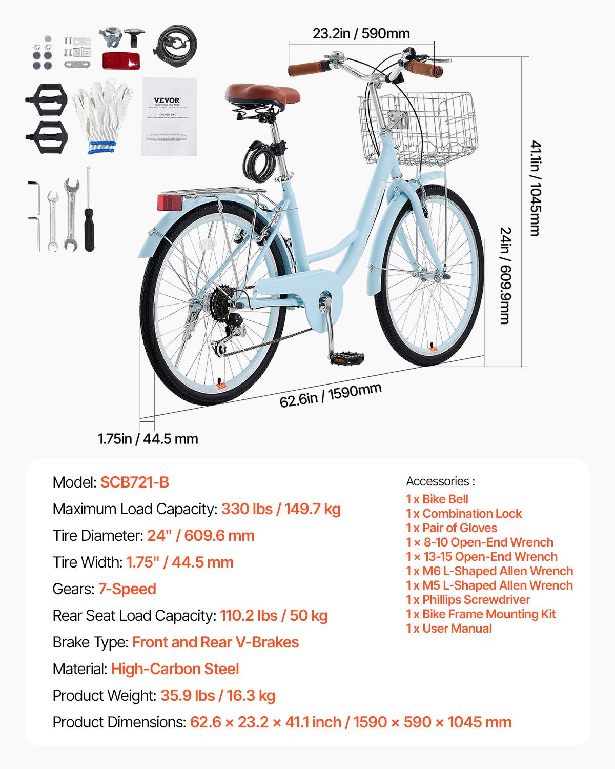 Cruiser Bike, 7-Speed, 24-Inch Light Blue Beach Cruiser Bike with Large Capacity Basket and Rear Rack, Secure & Sturdy Cruiser Bike with Adjustable Seat, Fits for Cycling, Exercise & Shopping