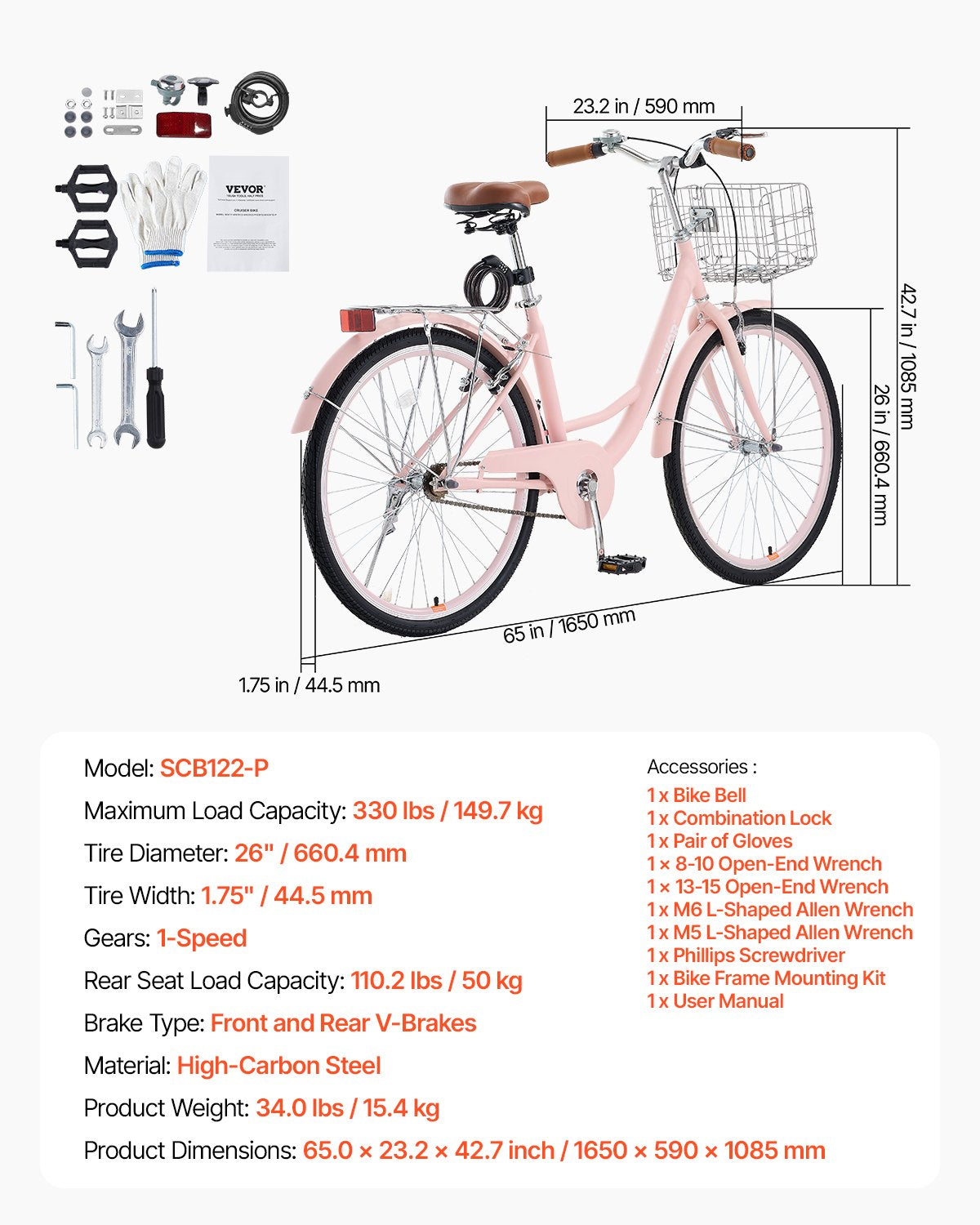 Cruiser Bike, 1-Speed, 26-Inch Pink Beach Cruiser Bike with Large Capacity Basket and Rear Rack, Secure & Sturdy Cruiser Bike with Adjustable Seat, Fits for Cycling, Exercise & Shopping