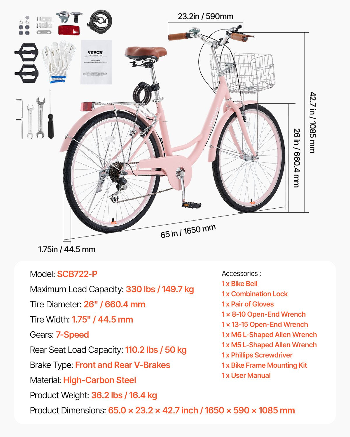 Cruiser Bike, 7-Speed, 26-Inch Pink Beach Cruiser Bike with Large Capacity Basket and Rear Rack, Secure & Sturdy Cruiser Bike with Adjustable Seat, Fits for Cycling, Exercise & Shopping