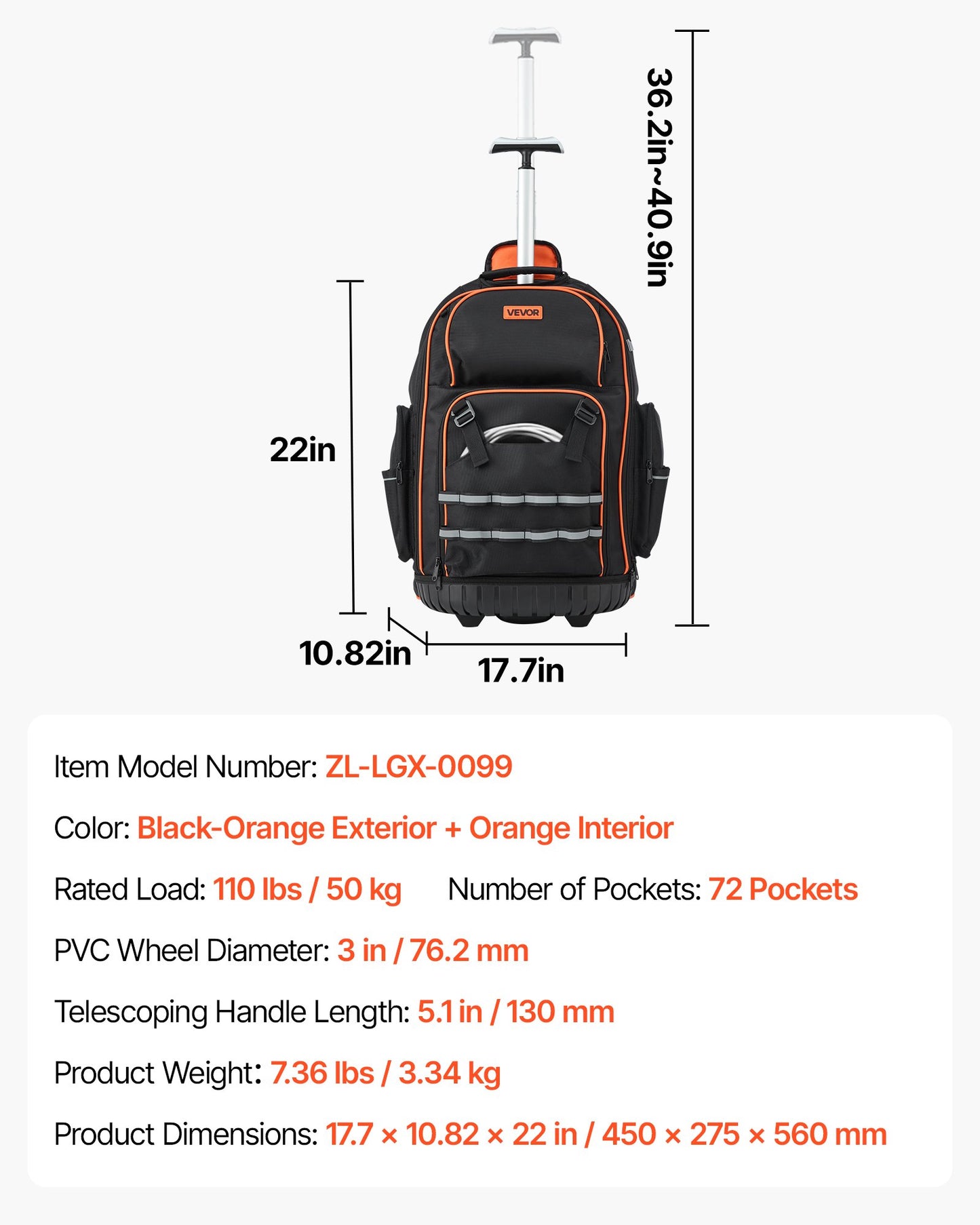 Rolling Tool Backpack, 110 lbs Load Capacity, 72 Pockets Heavy Duty Roller Tool Bag on Wheels, Adjustable Telescoping Handle & Stable Base, Toolbag Organizers for Construction, Mechanic