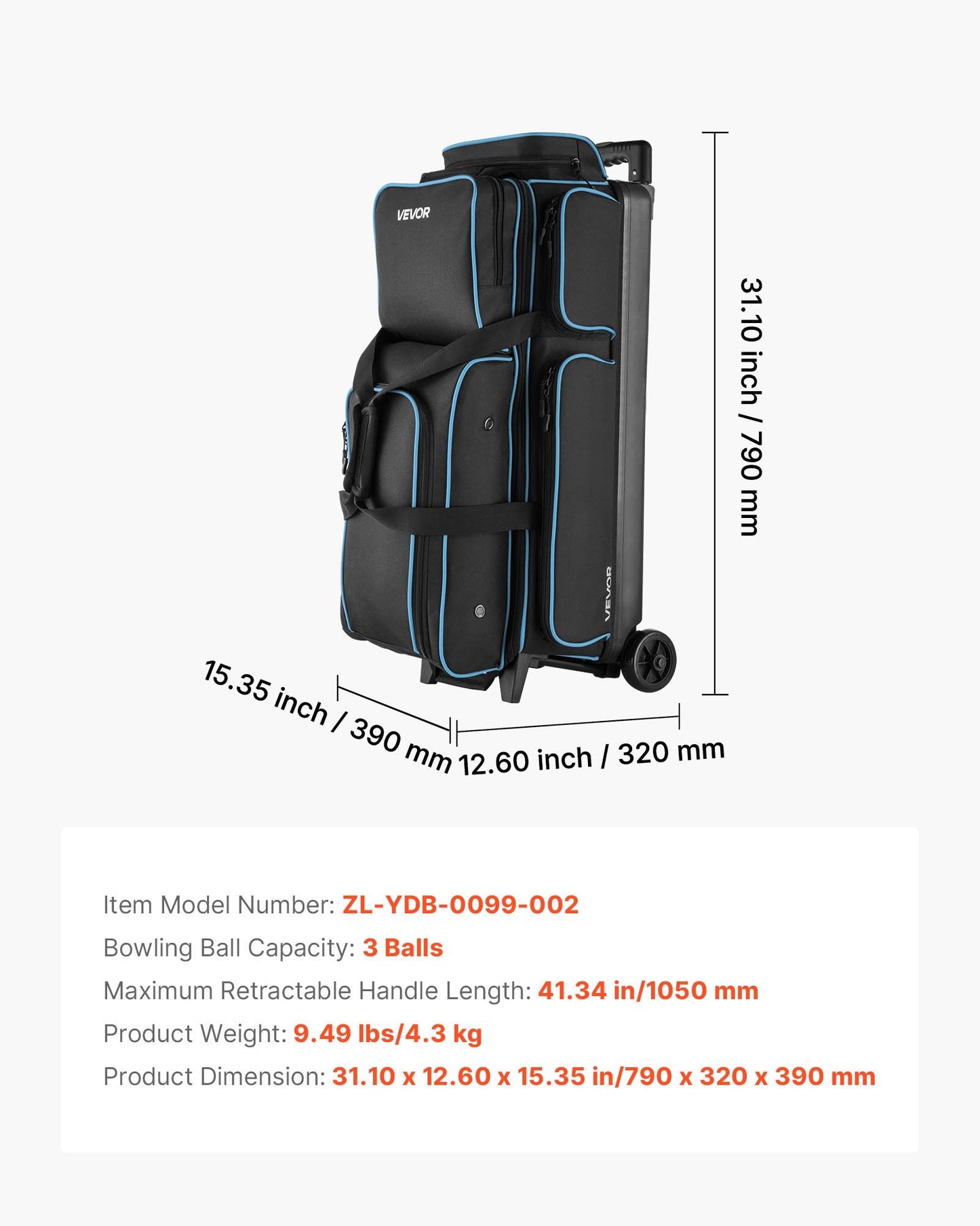 Bowling Ball Bag, 3 Ball Double Roller Bowling Bag with Wheels, Featuring a Separate Compartment for Shoes (Up To US Size 16) & Oversized Accessory Pocket, Retractable Handle Extends to 41.34 in
