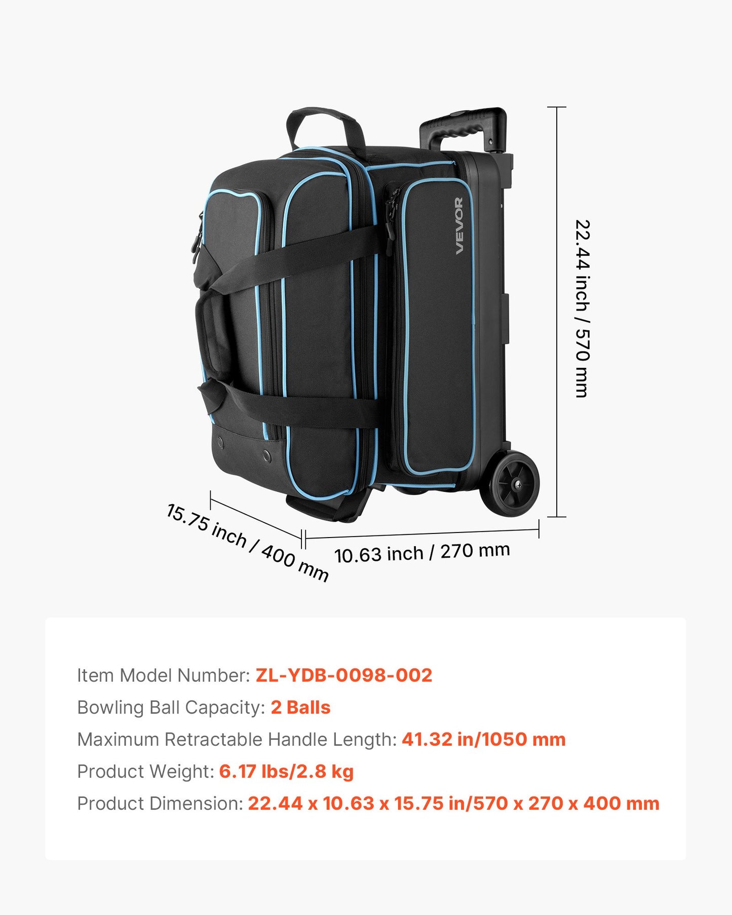 Bowling Ball Bag, 2 Ball Double Roller Bowling Bag with Wheels, Featuring a Separate Compartment for Shoes (Up To US Size 16) & Oversized Accessory Pocket, Retractable Handle Extends to 41.32 in
