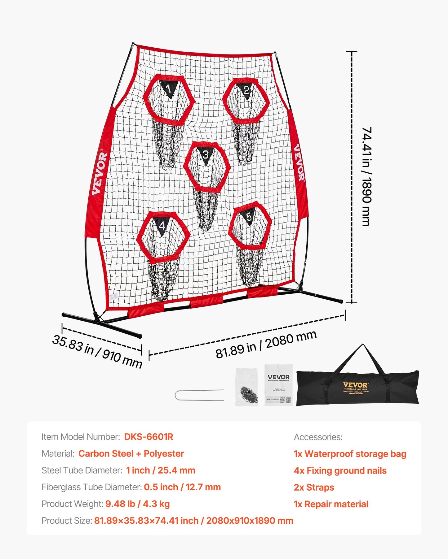 6 x 6 ft Football Trainer Throwing Net, Training Throwing Target Practice Net with 5 Target Pockets, Knotless Net Includes Straps and Portable Carry Case, Improve QB Throwing Accuracy, Red