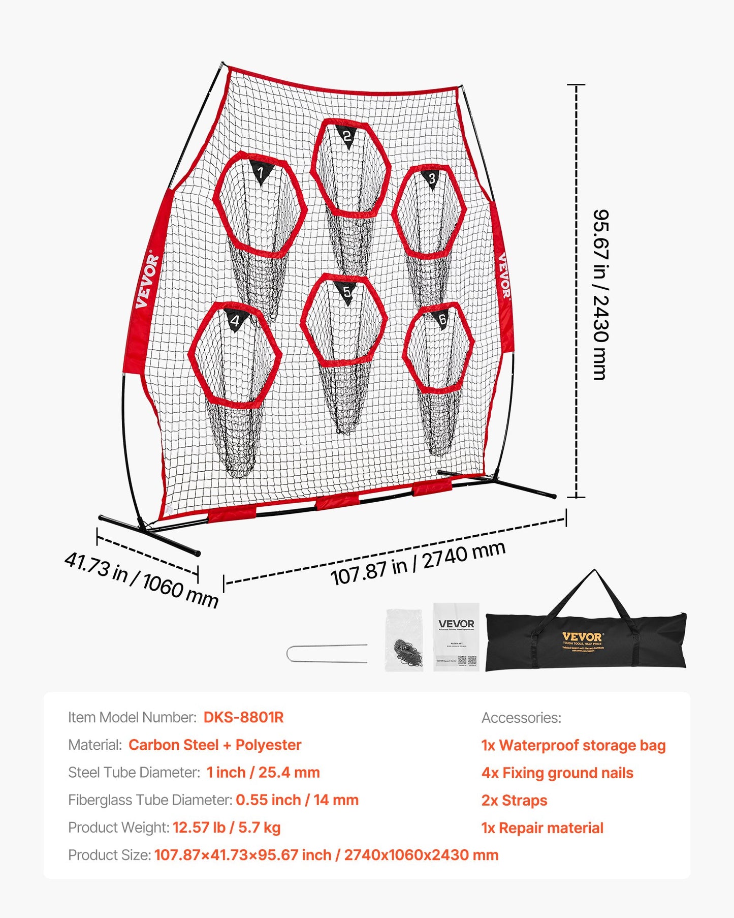 8 x 8 ft Football Trainer Throwing Net, Training Throwing Target Practice Net with 6 Target Pockets, Knotless Net Includes Straps and Portable Carry Case, Improve QB Throwing Accuracy, Red