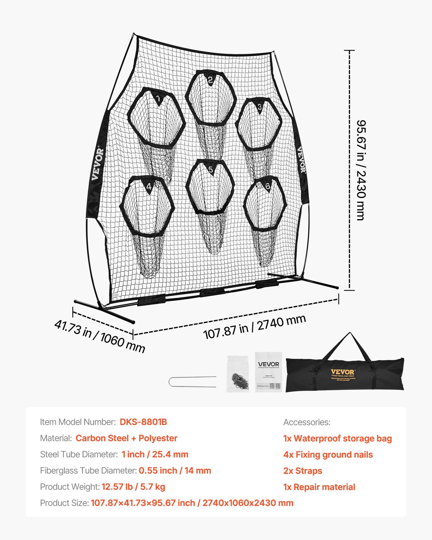 8 x 8 ft Football Trainer Throwing Net, Training Throwing Target Practice Net with 6 Target Pockets, Knotless Net Includes Straps and Portable Carry Case, Improve QB Throwing Accuracy, Black