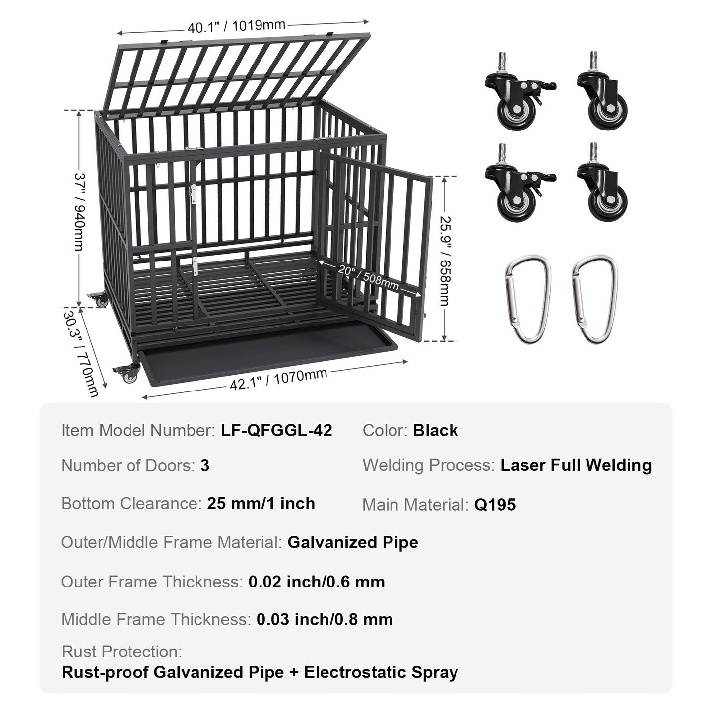 42 Inch Heavy Duty Dog Crate, Indestructible Dog Crate, 3-Door Heavy Duty Dog Kennel for Medium to Large Dogs with Lockable Wheels and Removable Tray, High Anxiety Dog Crate for Indoor & Outdoor