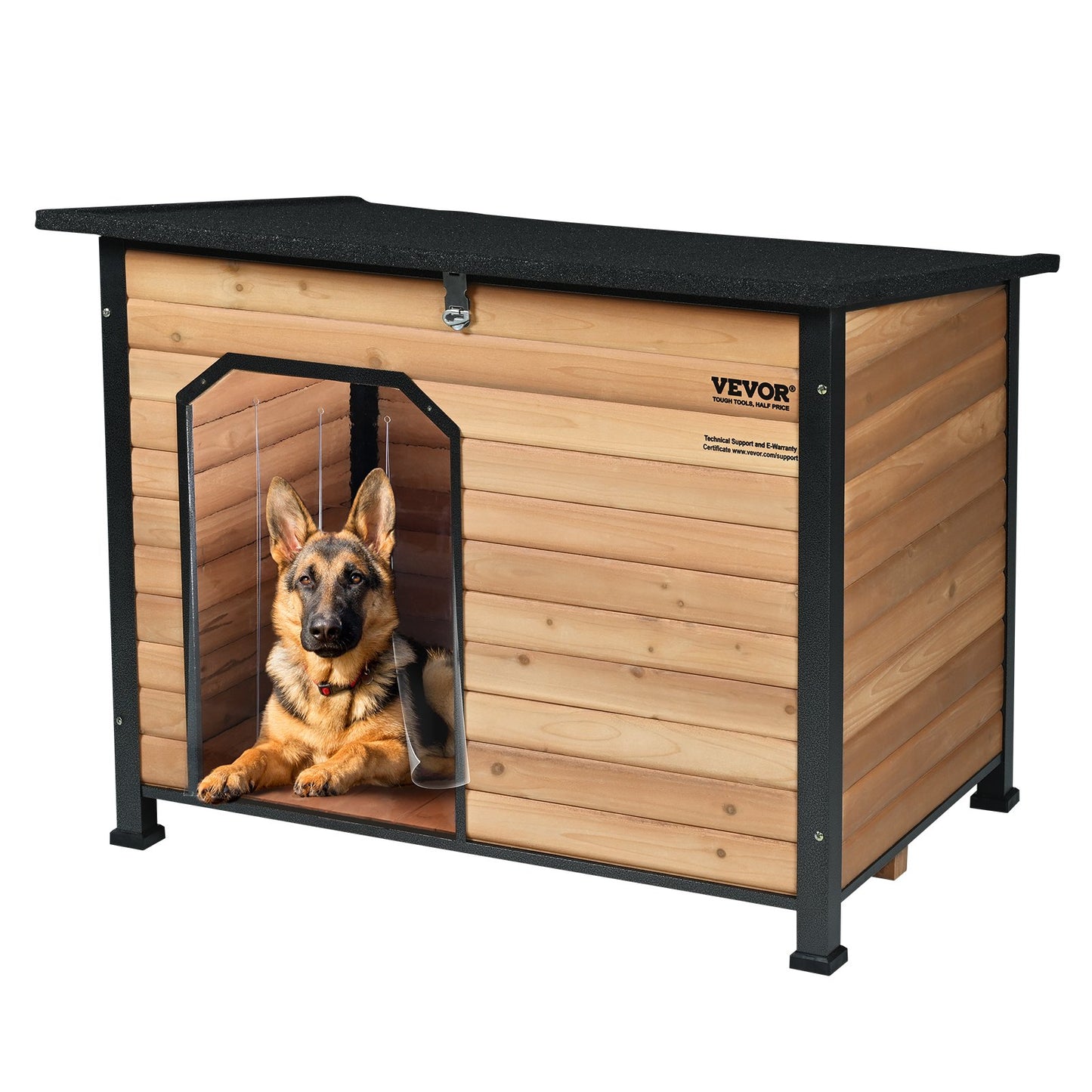 Outdoor Dog House, Waterproof Insulated Dog House with Raised Floor, Anti-Bite Wood Dog House Outdoor Iron Frame, Open Roof, for Medium to Large Dogs