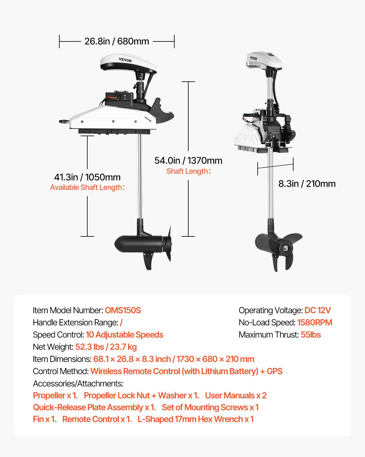 Electric Trolling Motor, 12V 55lbs Thrust with GPS, 10-Speed Bow Mounted Saltwater Outboard Boat Motor with Remote Control & LCD Battery Indicator, for Kayaks, Fishing Boats, 54-Inch Shaft