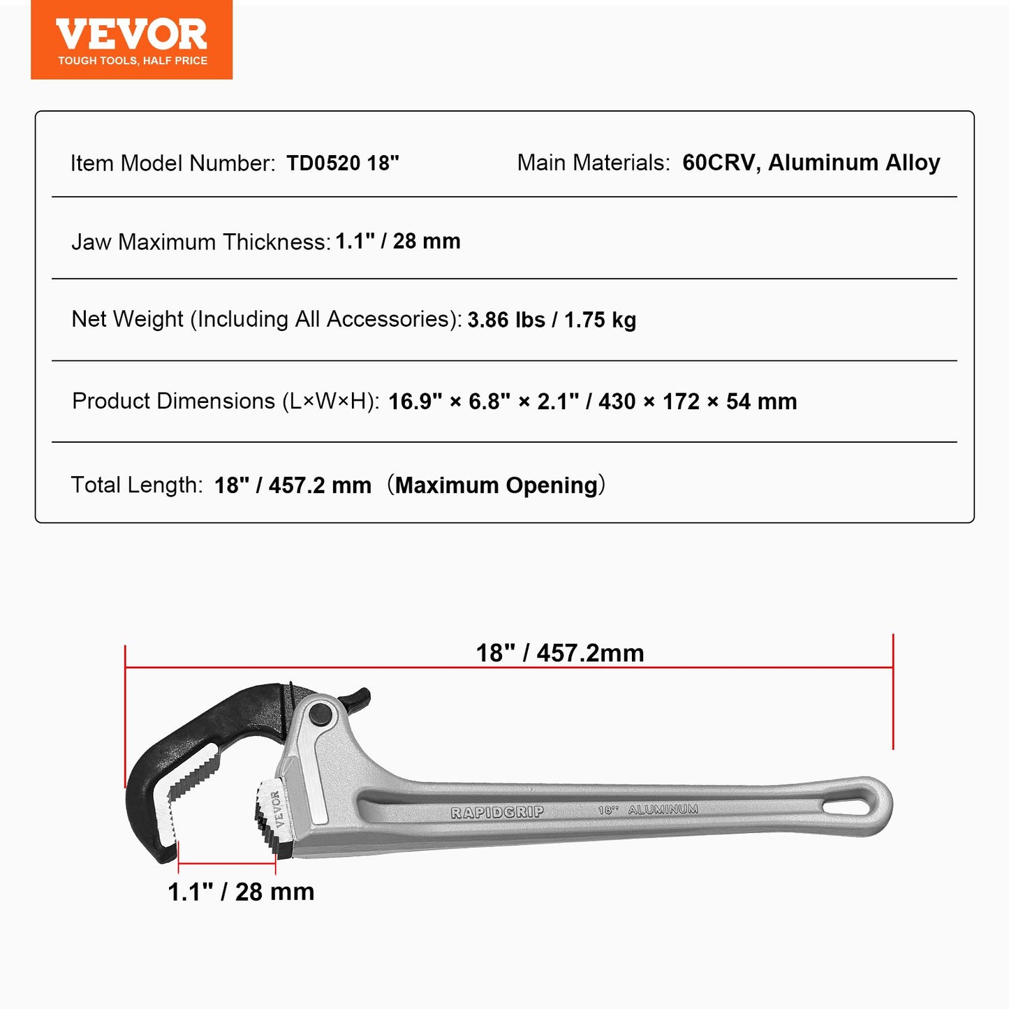 Aluminum Straight Pipe Wrench 18 in Automatic Jaw Adjustment 60CRV Jaw