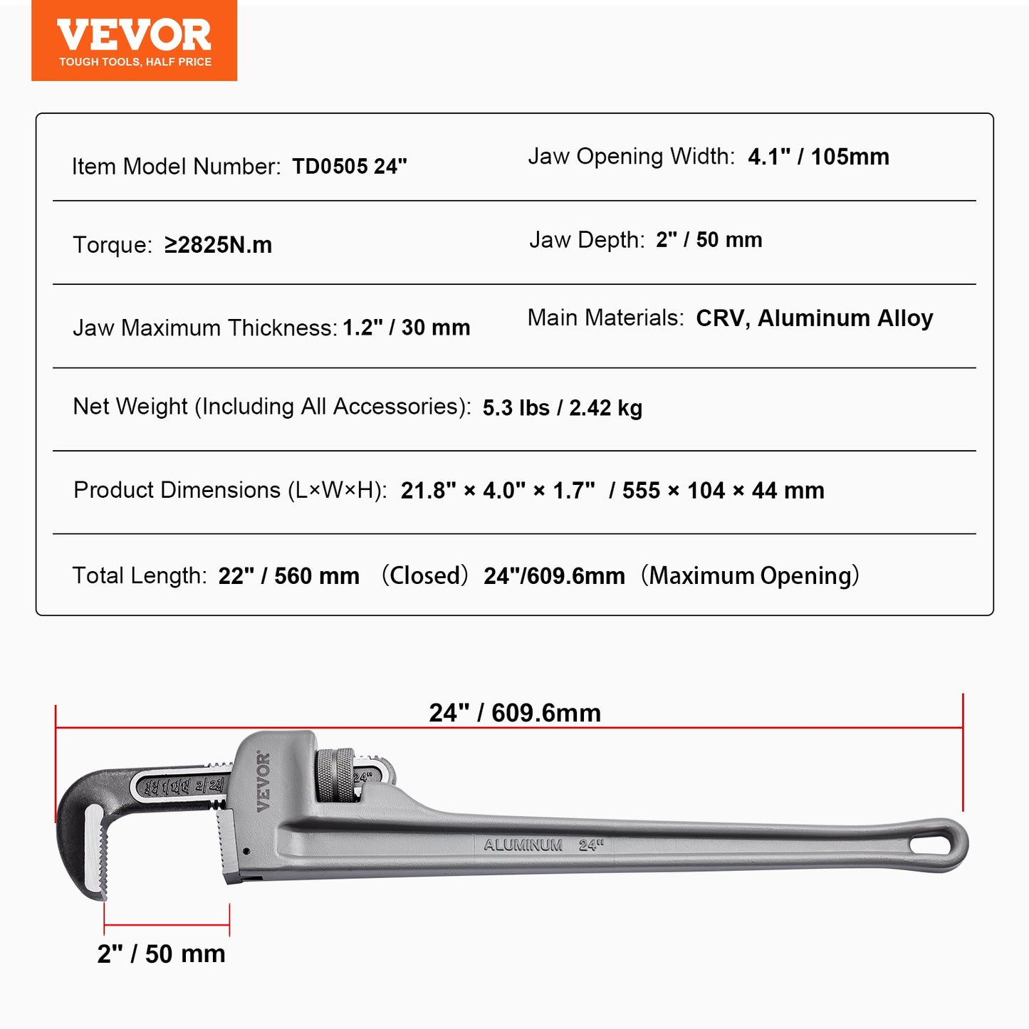 Pipe Wrench, 24" Aluminum Straight Pipe Wrench, Adjustable Plumbing Wrench, with High Strength Jaw and Ergonomic Handle, Easy to Carry, Hangable Design, for Water Pipes, Automotive Repairs
