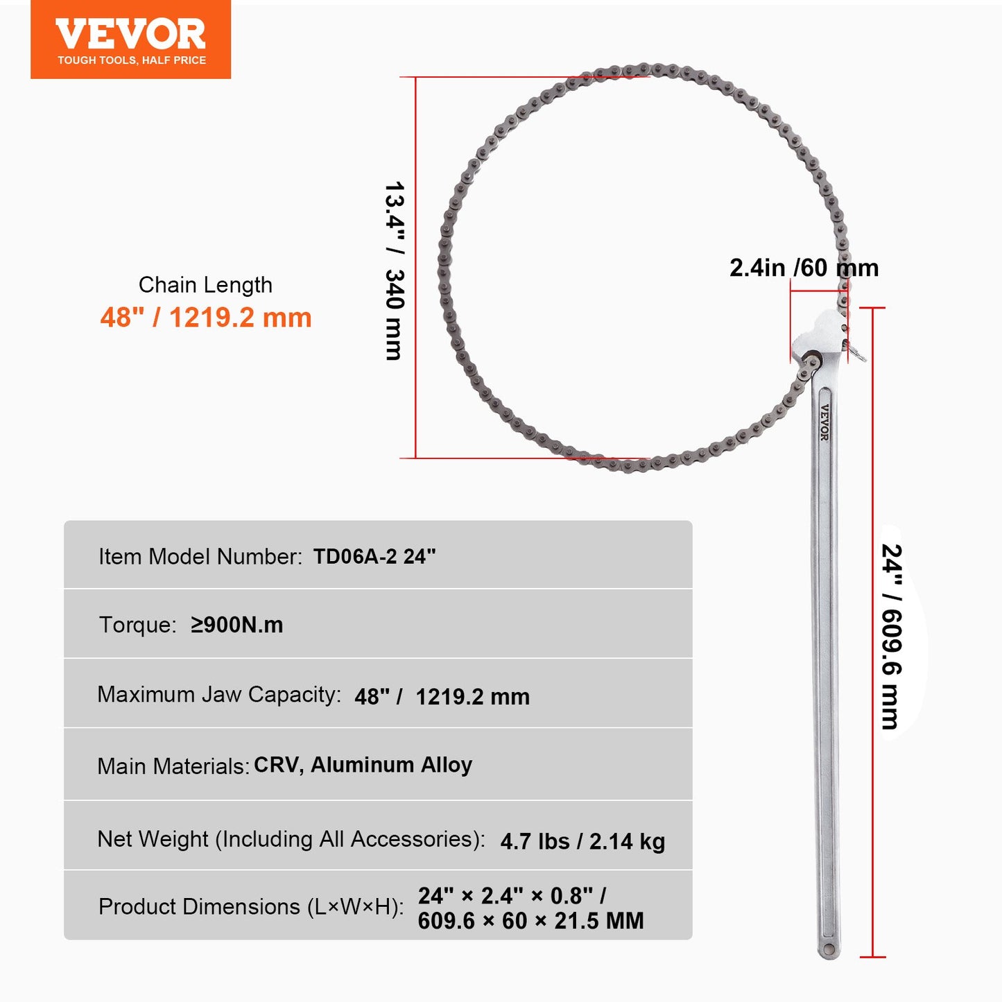 Chain Wrench, 48 inch Chain Pipe Wrench, 13.4 inch Diameter Capacity, CRV Reversible Pipe Fitting Tool Wrench with High Strength Jaw and Ergonomic Handle, for Pipe Installation and Car Repair