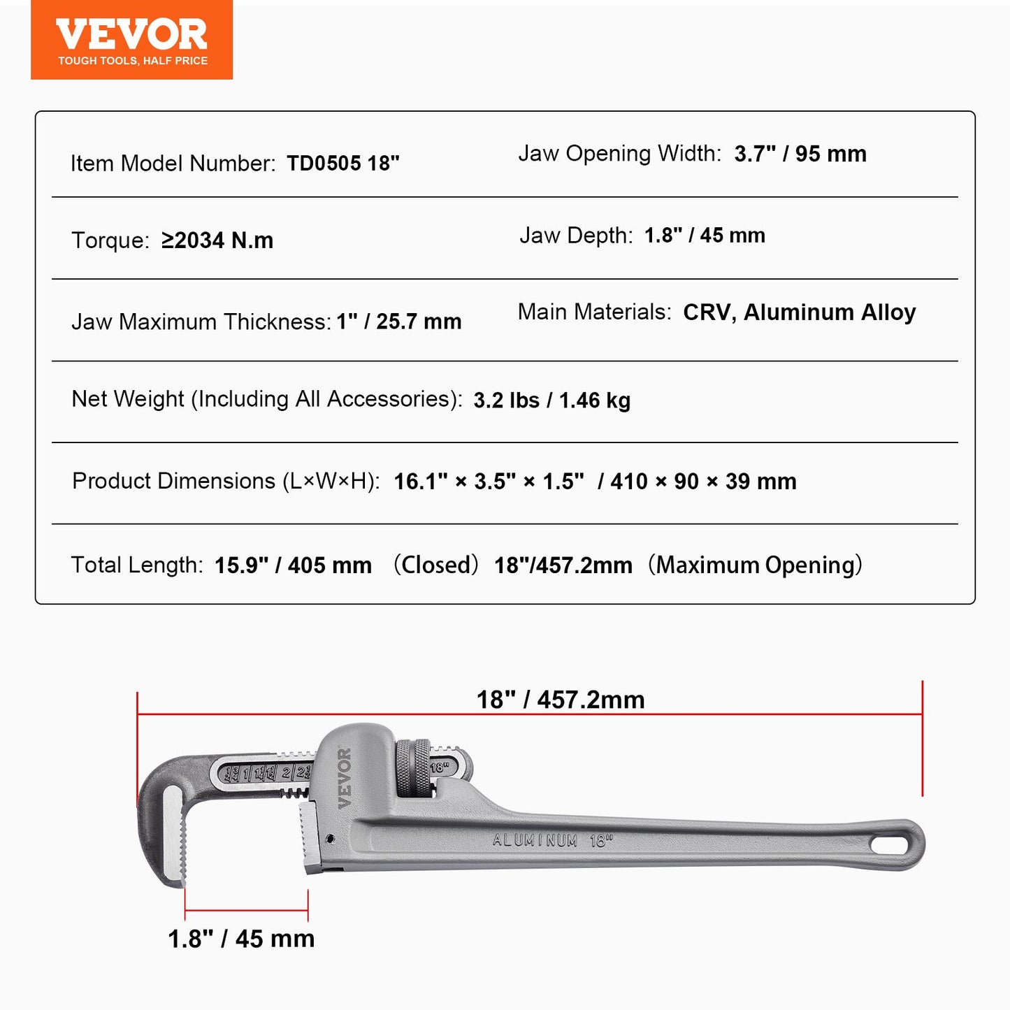Pipe Wrench, 18" Aluminum Straight Pipe Wrench, Adjustable Plumbing Wrench, with High Strength Jaw and Ergonomic Handle, Easy to Carry, Hangable Design, for Water Pipes, Automotive Repairs