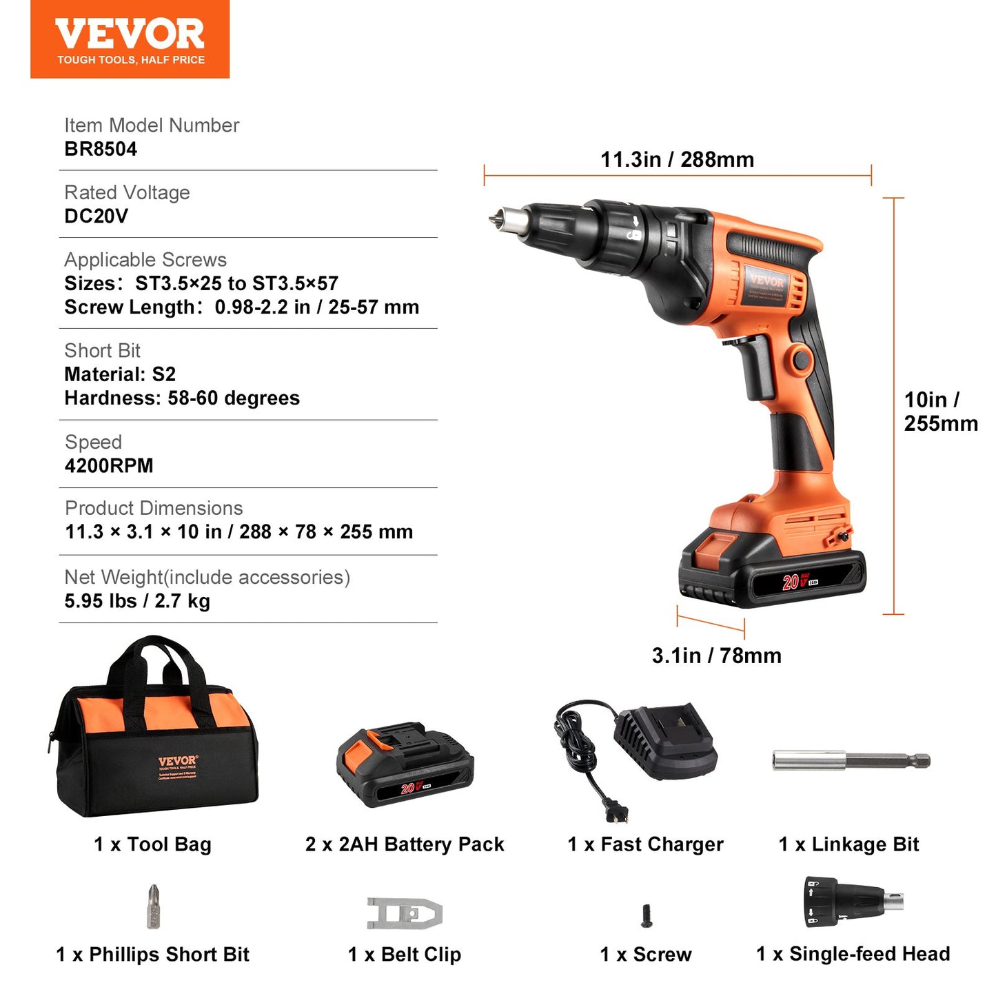 Drywall Screw Gun, 20V Max Drywall Screwgun, 4200RPM Brushless Cordless Drywall Gun Kit with 2 Battery Packs, Charger, Belt Clip, and Tool Bag, Forward and Reverse Adjustable, Built-in LED Light