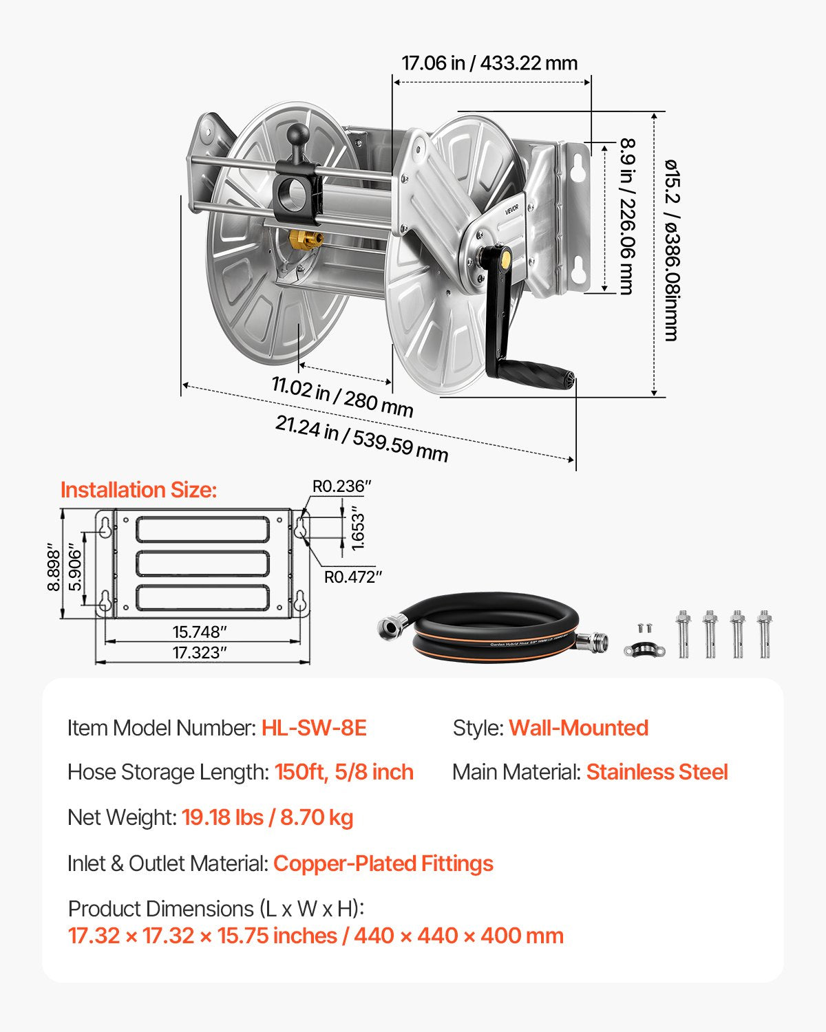 Wall Mounted Garden Hose Reel, Holds 150 ft 5/8-inch Water Hose Winder, Heavy-Duty Stainless Steel, Outdoor Manual Reel with Brass Fitting & Hose Guide, Space Saving, for Yard Lawn Garage