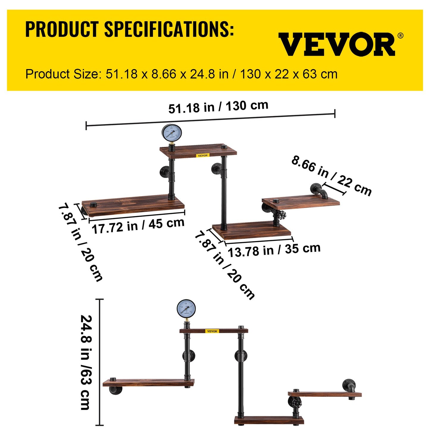 Industrial Pipe Shelving, Pipe Shelves with 4-Tier Wood Planks, Rustic Floating Shelves Wall Mounted, Wall Shelf DIY Bookshelf for Bar Kitchen Bathroom Farmhouse Living Room, 51x25x9 inch