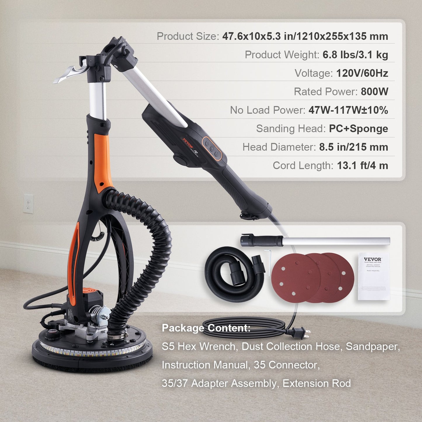 Drywall Sander, 800W Brushless Motor Electric Sander, Variable Speed 1000-2300 RPM Wall Sander, Foldable Ceiling Sander with Double-Deck LED Lights, Extendable Handle, 12 Sanding Discs