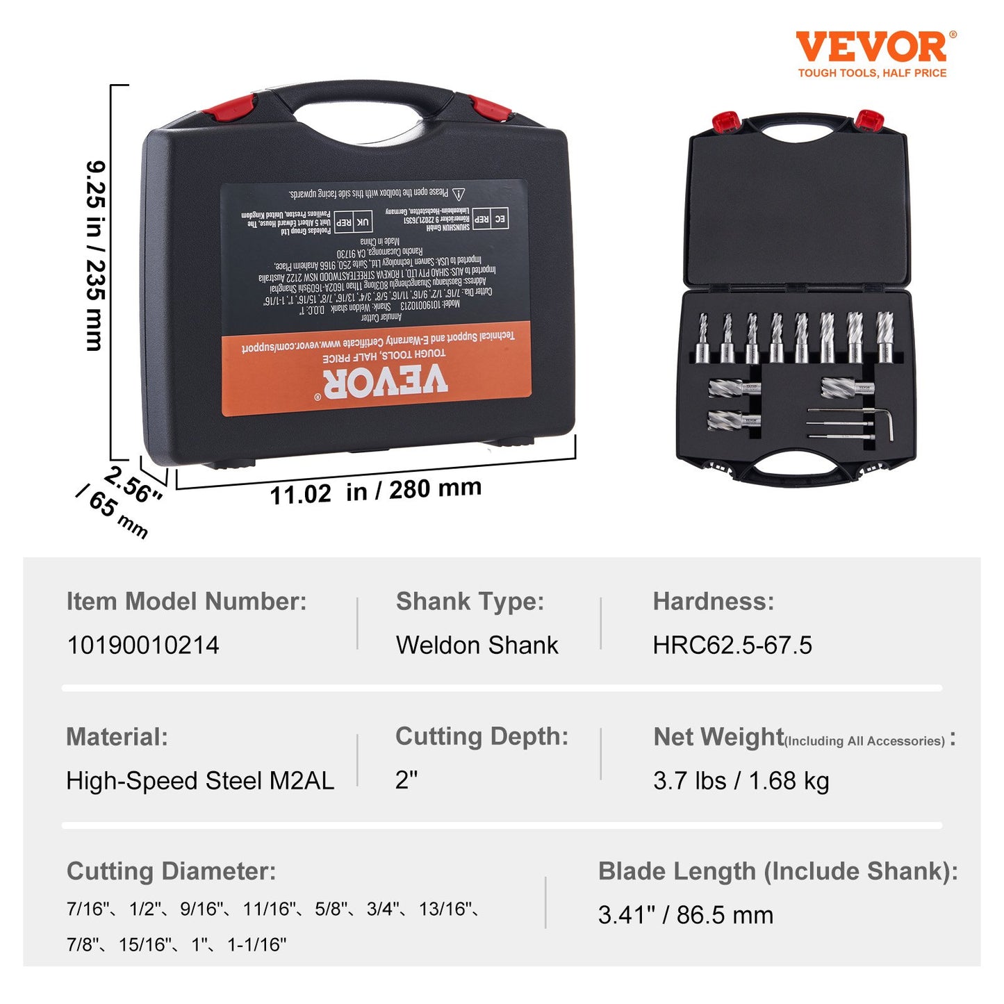 Annular Cutter Set, 13 pcs Weldon Shank Mag Drill Bits, 7/16" to 1-1/16" Cutting Diameter, 2" Cutting Depth, M2AL HSS, with 2 Pilot Pins, Hex Wrench and Portable Case, for Using with Magnetic Dr