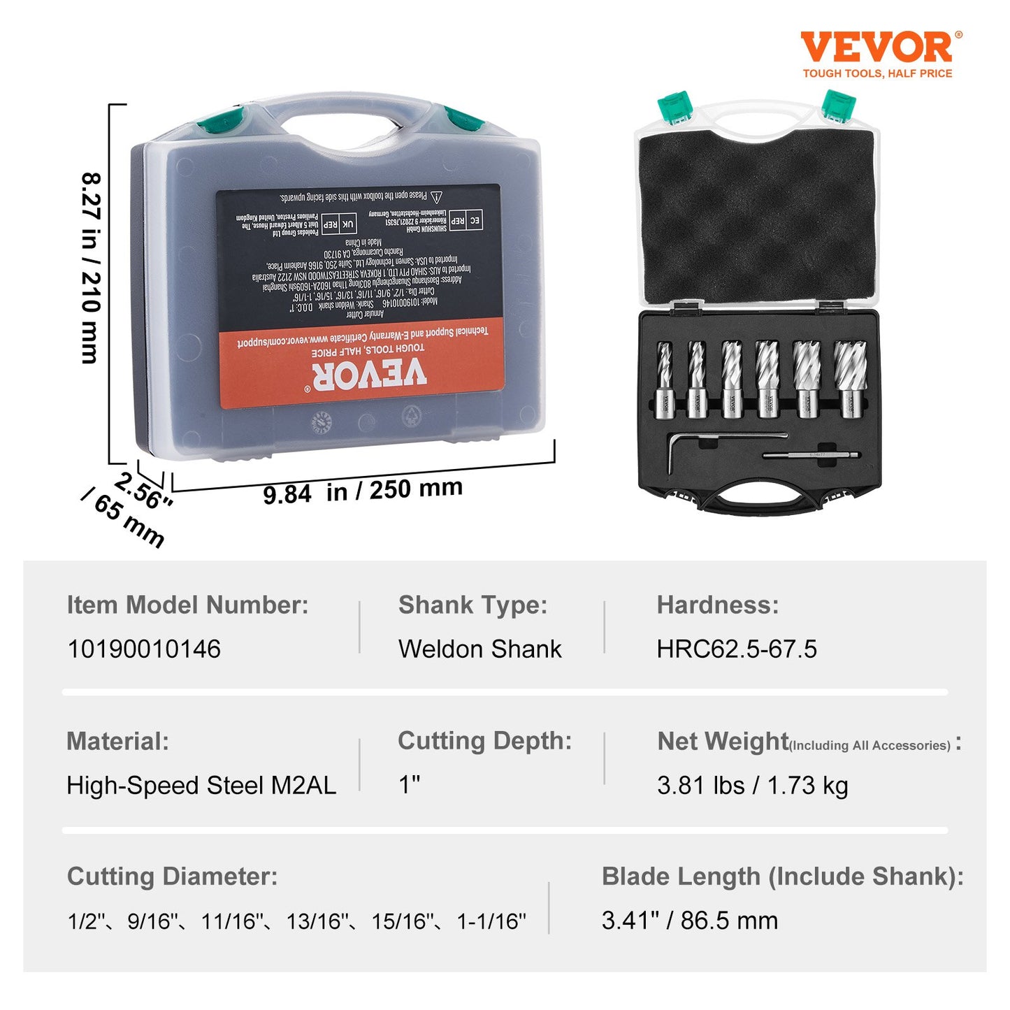 Annular Cutter Set, 6 pcs Weldon Shank Mag Drill Bits, 1/2" to 1-1/16" Cutting Diameter, 1" Cutting Depth, M2AL High-Speed Steel, with Pilot Pin and Portable Case, for Using with Magnetic Drills