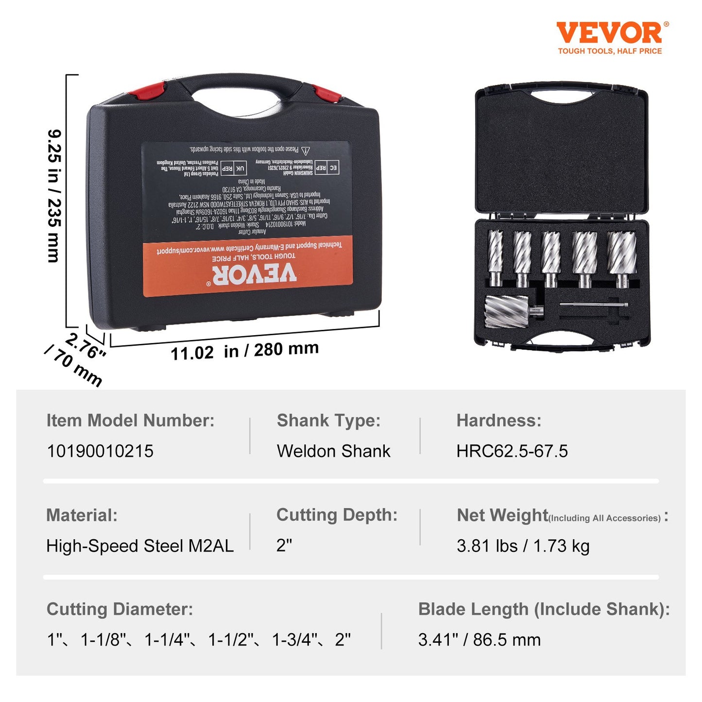 Annular Cutter Set, 6 pcs Weldon Shank Mag Drill Bits, 1" to 2" Cutting Diameter, 2" Cutting Depth, M2AL High-Speed Steel, with 2 Pilot Pins and Portable Case, for Using with Magnetic Drills