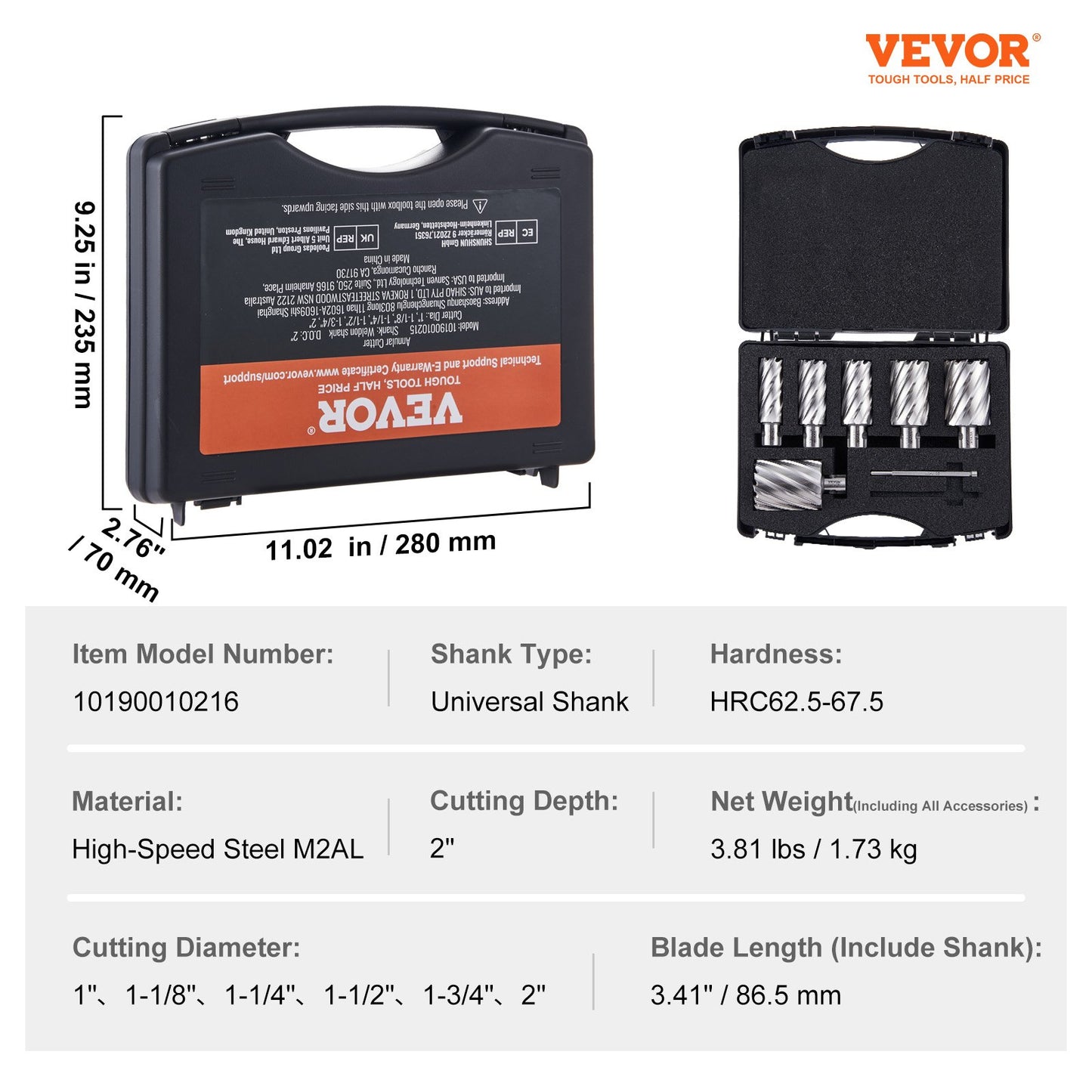 Annular Cutter Set, 6 pcs Universal Shank Mag Drill Bits, 1" to 2" Cutting Diameter, 2" Cutting Depth, M2AL High-Speed Steel, with 2 Pilot Pins and Portable Case, for Using with Magnetic Drills