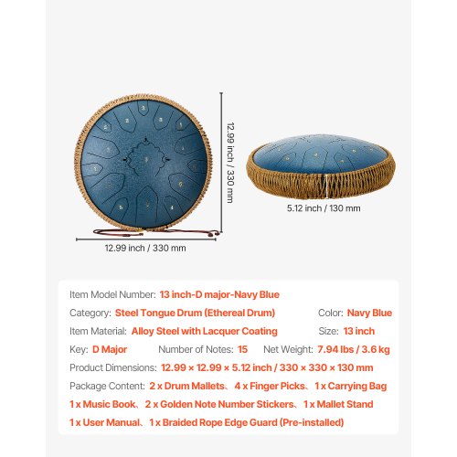 ståltungtrumma, 33 cm 15-noters regntrumma för utomhusträdgård, C-dur musiktrummor med notbok och klubbor, slagverksinstrument för meditation, yoga, nybörjare, musikalisk utbildning, marinblå | EU