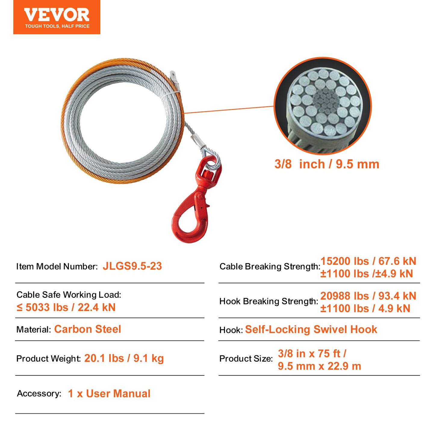Galvanized Steel Winch Cable, 3/8 Inch x 75 Feet 15,200 lbs Breaking Strength, Wire Winch Rope with Swivel Hook, Towing Cable Heavy Duty, Universal Fit for SUV, Large Off-Road Vehicle, Truck