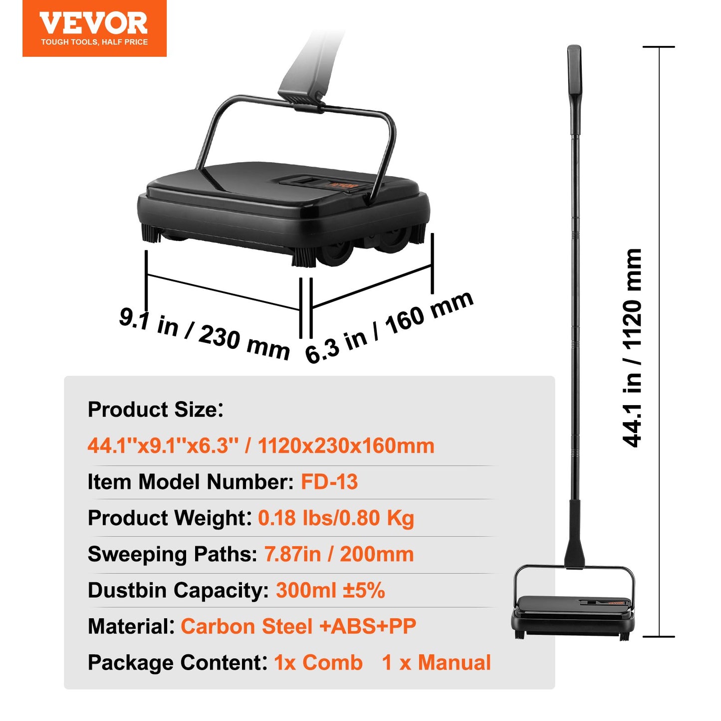 Carpet Sweeper, 7.87 in Sweeping Paths, Floor Sweeper Manual Non Electric, 300 ml Dustbin Capacity with Comb for Home Office Rugs Hardwood Surfaces Wood Floors Laminate, Cleans Dust Pet Hair