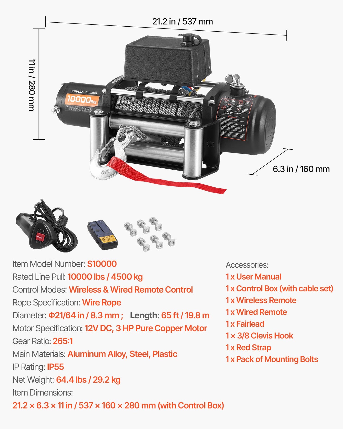 Electric Winch, 10000 lbs Load Capacity, 12V DC Truck Winch with Φ21/64 in x 65 ft Steel Rope, Wireless & Wired Remote Control, IP55 Waterproof for Towing SUV Jeep Trailer Boat Off-Road Vehicle