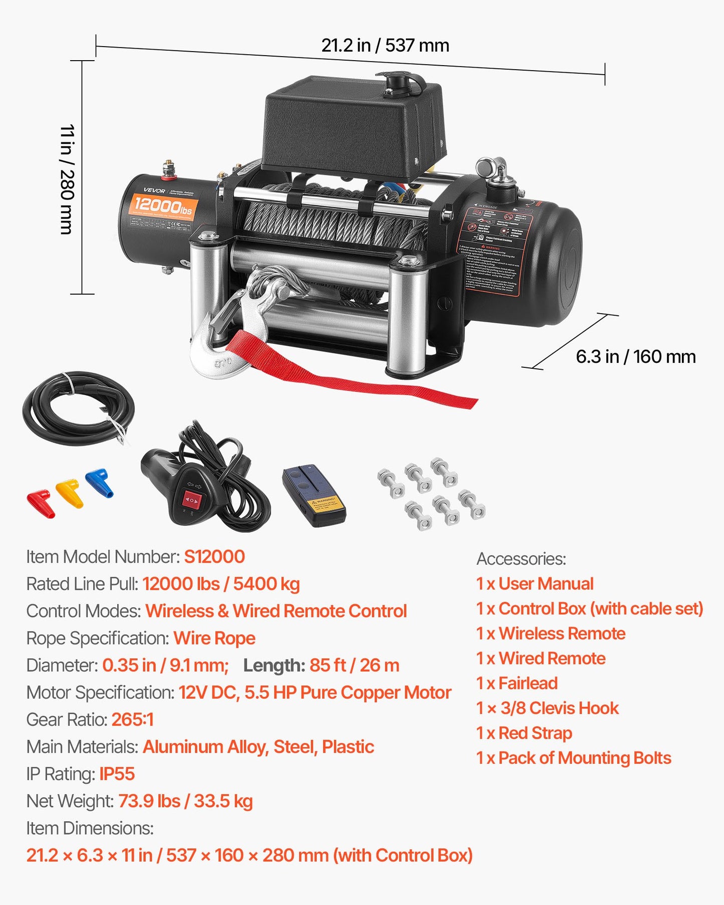 Electric Winch, 12000 lbs Load Capacity, 12V DC Truck Winch with Φ7/20 in x 85 ft Steel Rope, Wireless & Wired Remote Control, Suitable for Towing SUV Jeep Trailer Boat Off-Road Vehicle