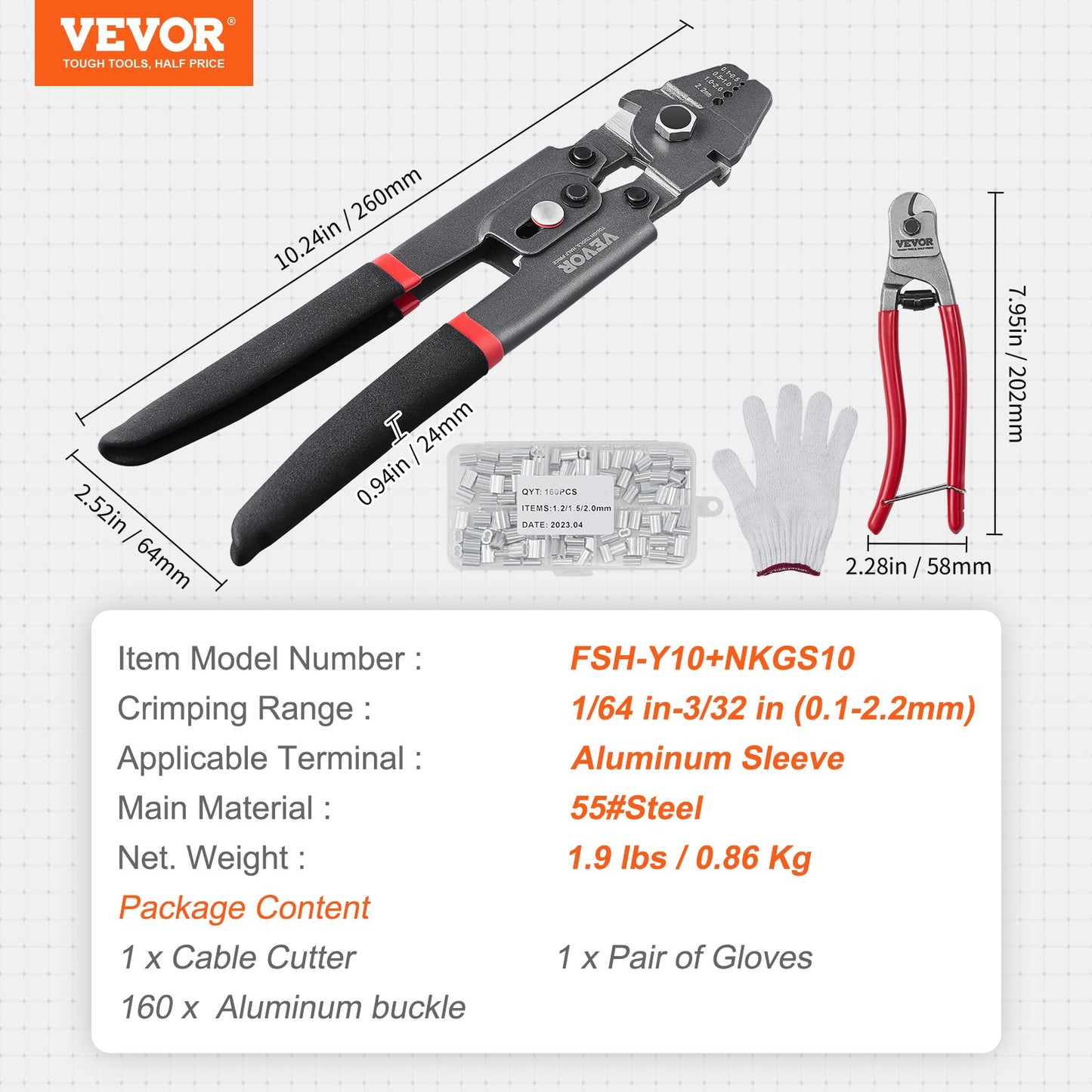 Wire Rope Crimping Tool and Cutter Up To 2.2mm Wire Cable Crimps, 1/64" - 3/32" Crimping Loop Sleeve Kit and 160pcs Aluminum Buckles, Fishing Crimping Tool Wire Rope Thimbles Kit
